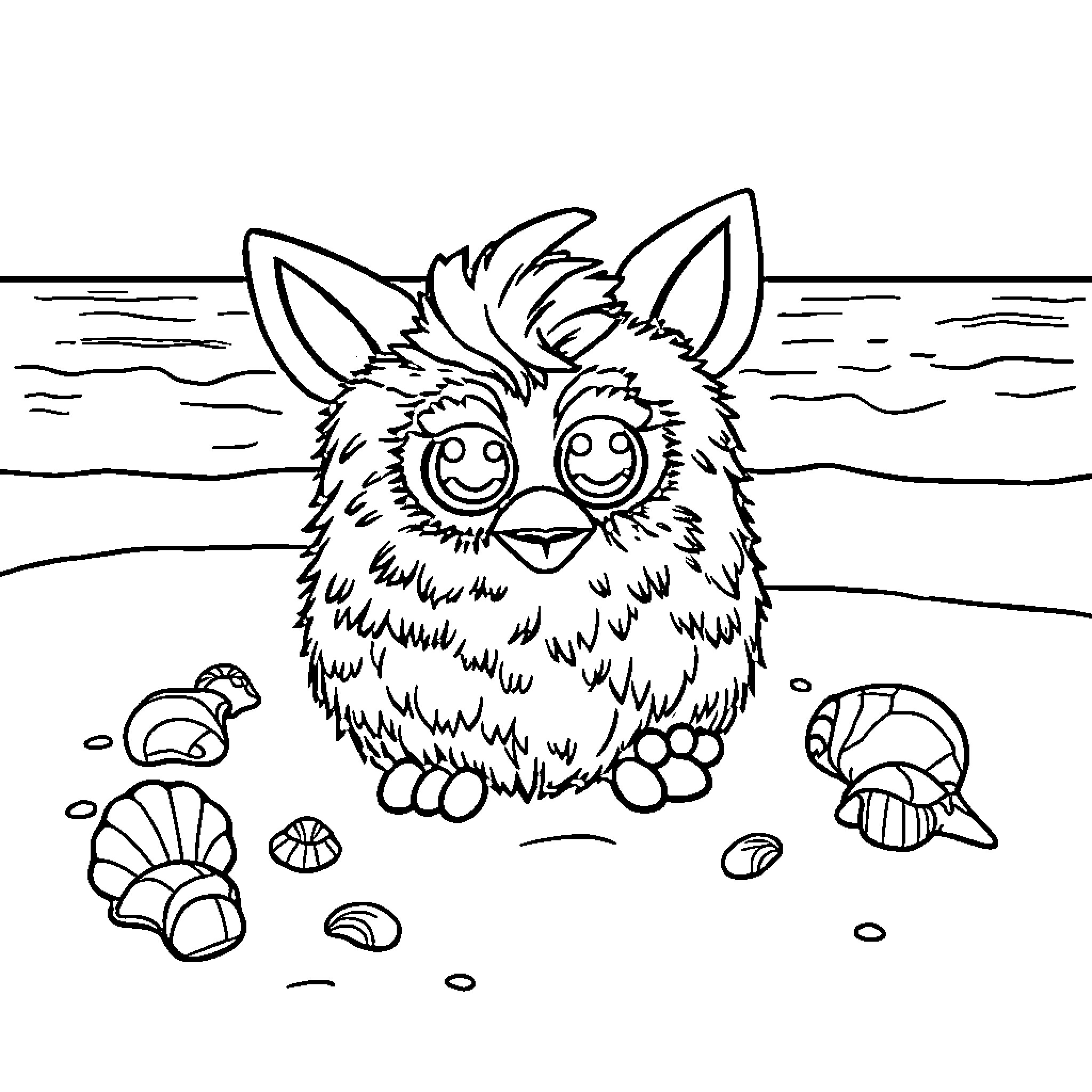 Furby playing happily on the beach with seashells Coloring Page (free black-and-white line drawing printable PDF for all, from beginners to advanced learners, including children, teens, adults, and seniors)