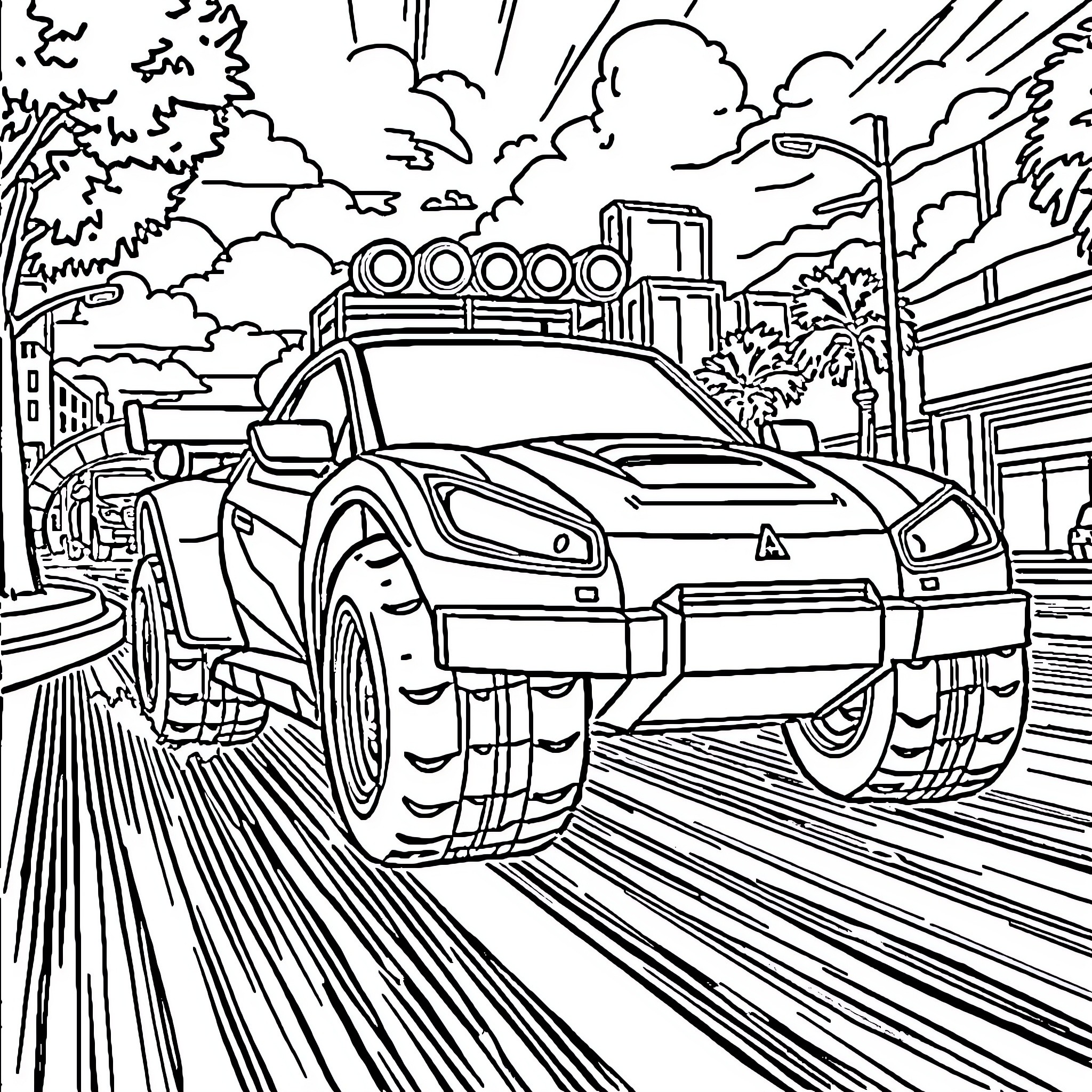 Roblox Car Cruising through the City Landscape Coloring Page (free black-and-white line drawing printable PDF for all, from beginners to advanced learners, including children, teens, adults, and seniors)