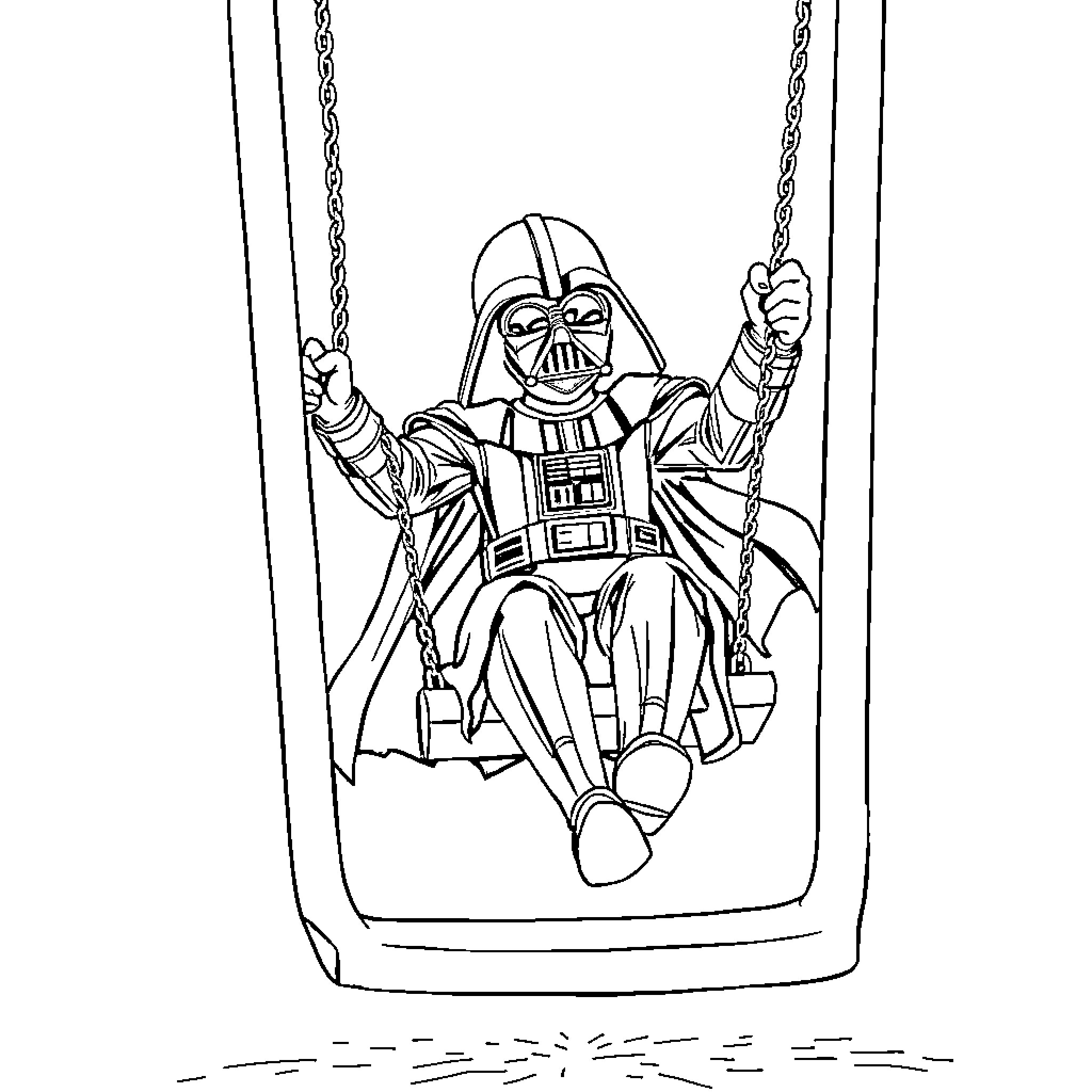 Darth Vader swinging on a rope swing Coloring Page (free black-and-white line drawing printable PDF for all, from beginners to advanced learners, including children, teens, adults, and seniors)