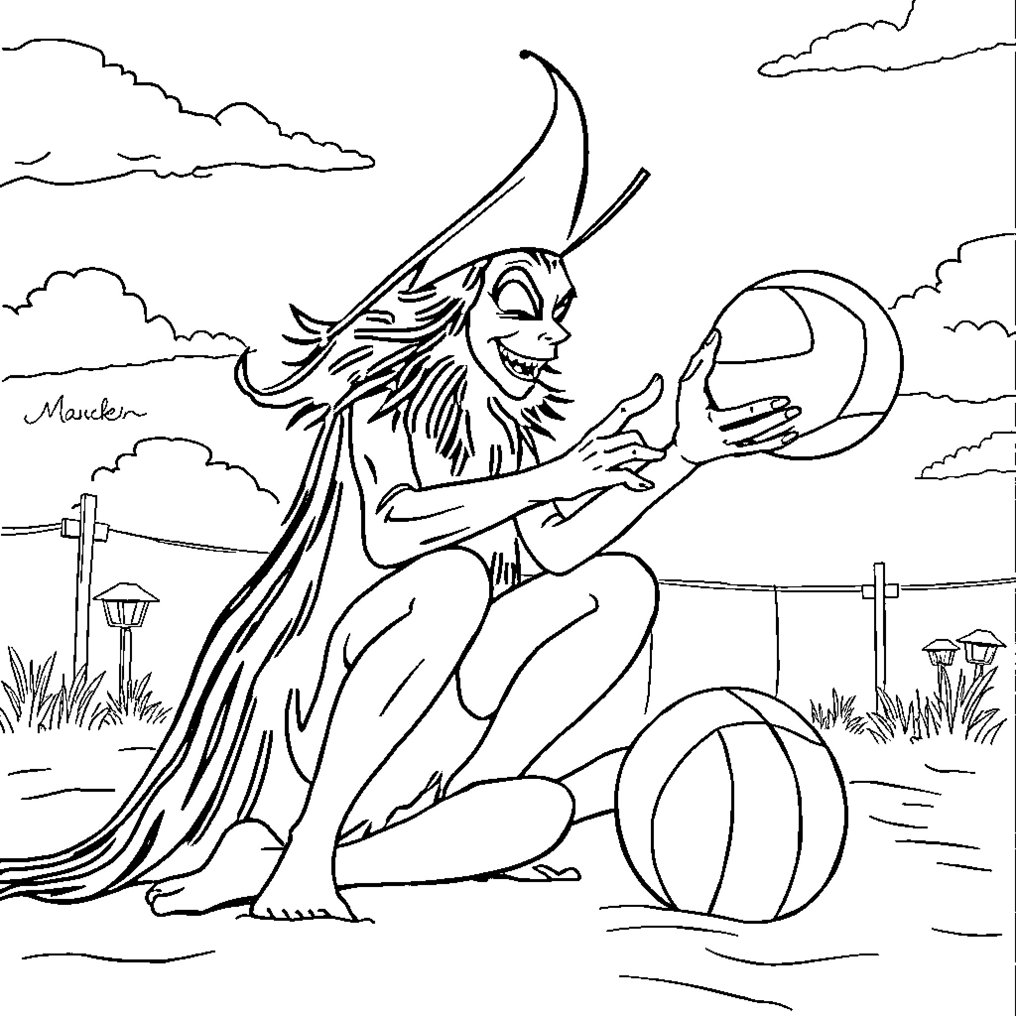 Wicked Carnival Sorcerer with Enchanted Ball Coloring Page (free black-and-white line drawing printable PDF for all, from beginners to advanced learners, including children, teens, adults, and seniors)