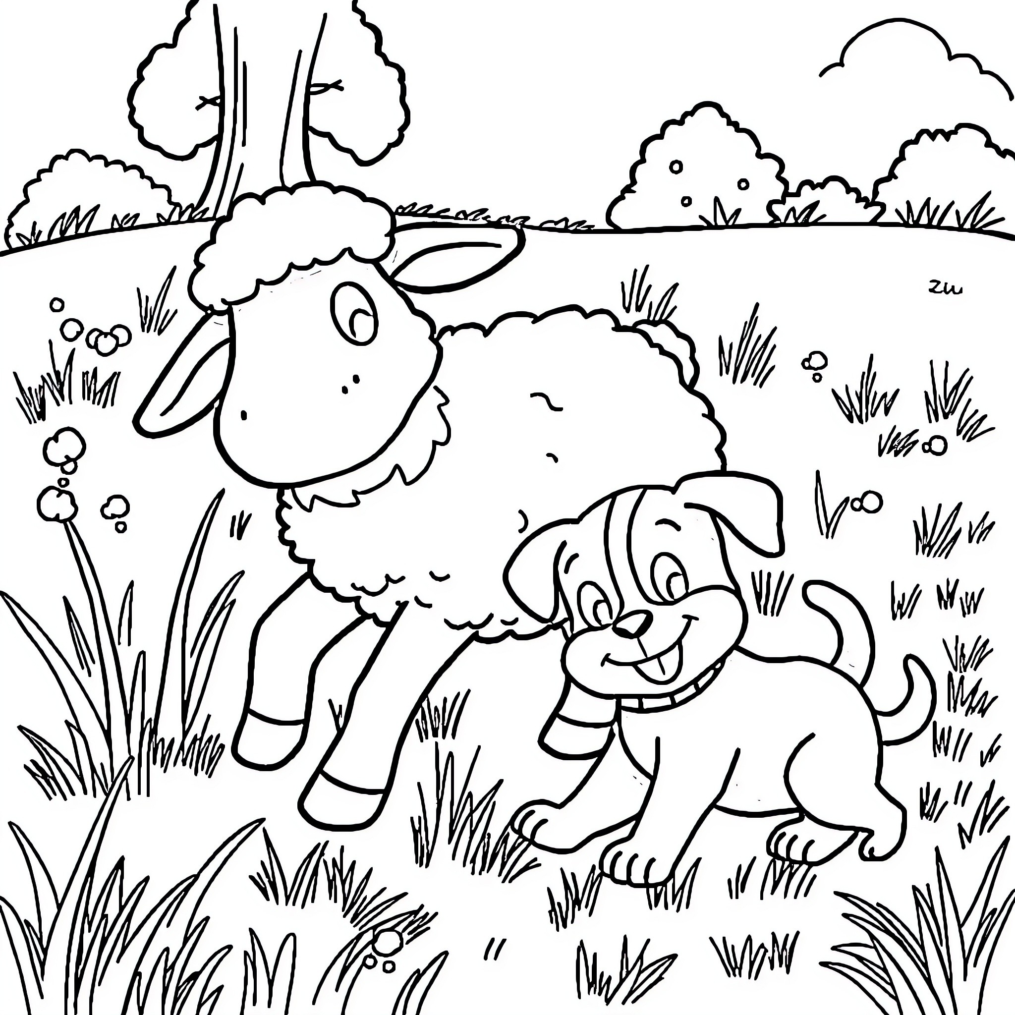 Shaun the Sheep playing with his dog friend in the meadow Coloring Page (free black-and-white line drawing printable PDF for all, from beginners to advanced learners, including children, teens, adults, and seniors)