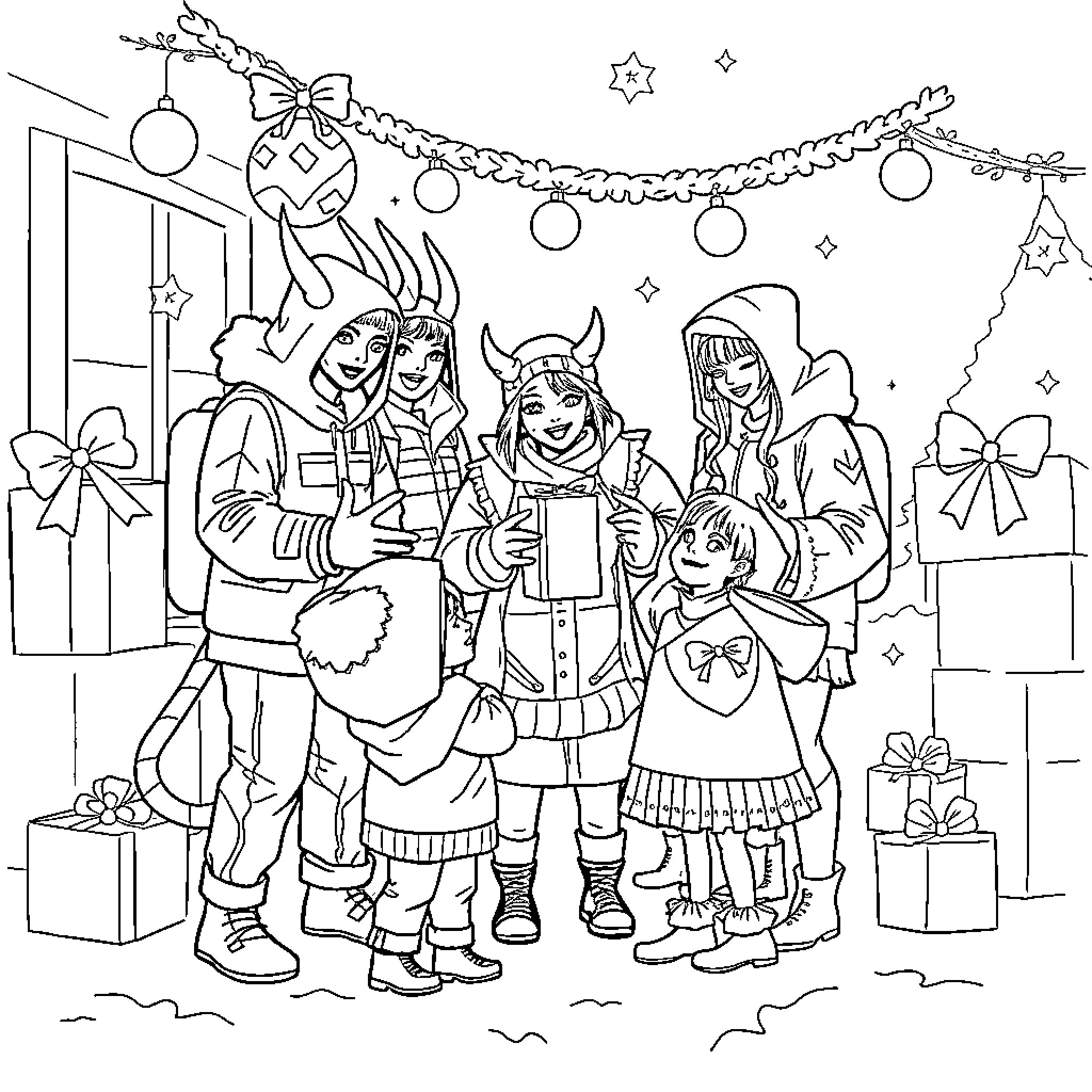 Kpop Demon Hunters Celebrate the Holidays Together Coloring Page (free black-and-white line drawing printable PDF for all, from beginners to advanced learners, including children, teens, adults, and seniors)