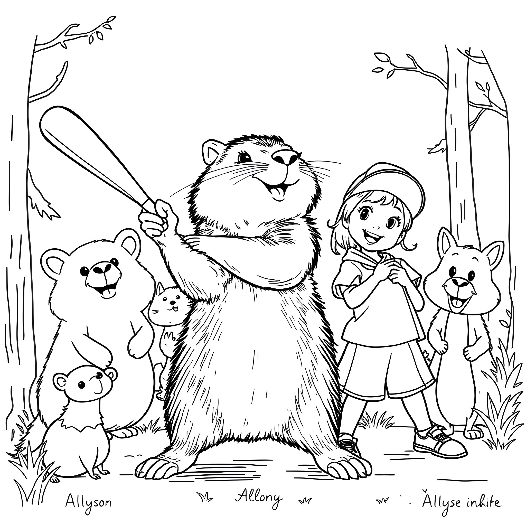 Capybara and friends playing in the forest Coloring Page (free black-and-white line drawing printable PDF for all, from beginners to advanced learners, including children, teens, adults, and seniors)