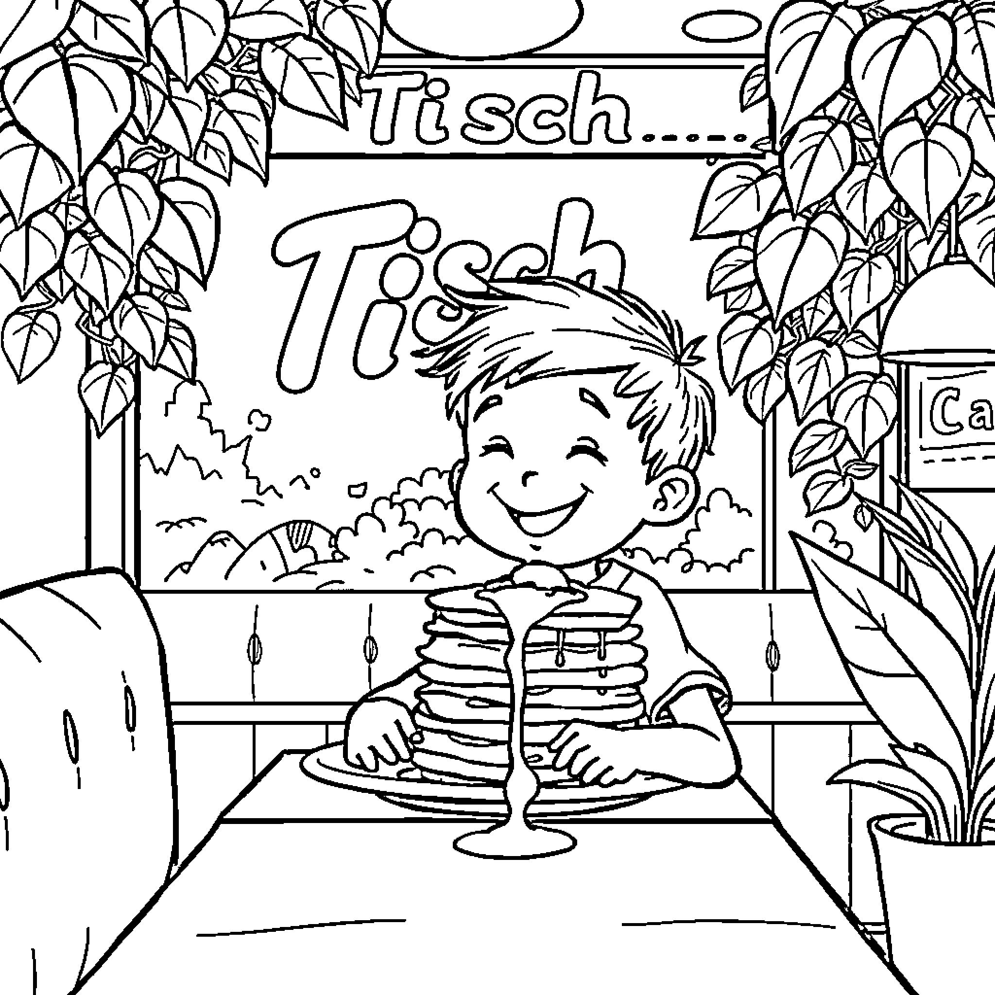 Kid enjoying a tasty snack at the cafe Coloring Page (free black-and-white line drawing printable PDF for all, from beginners to advanced learners, including children, teens, adults, and seniors)
