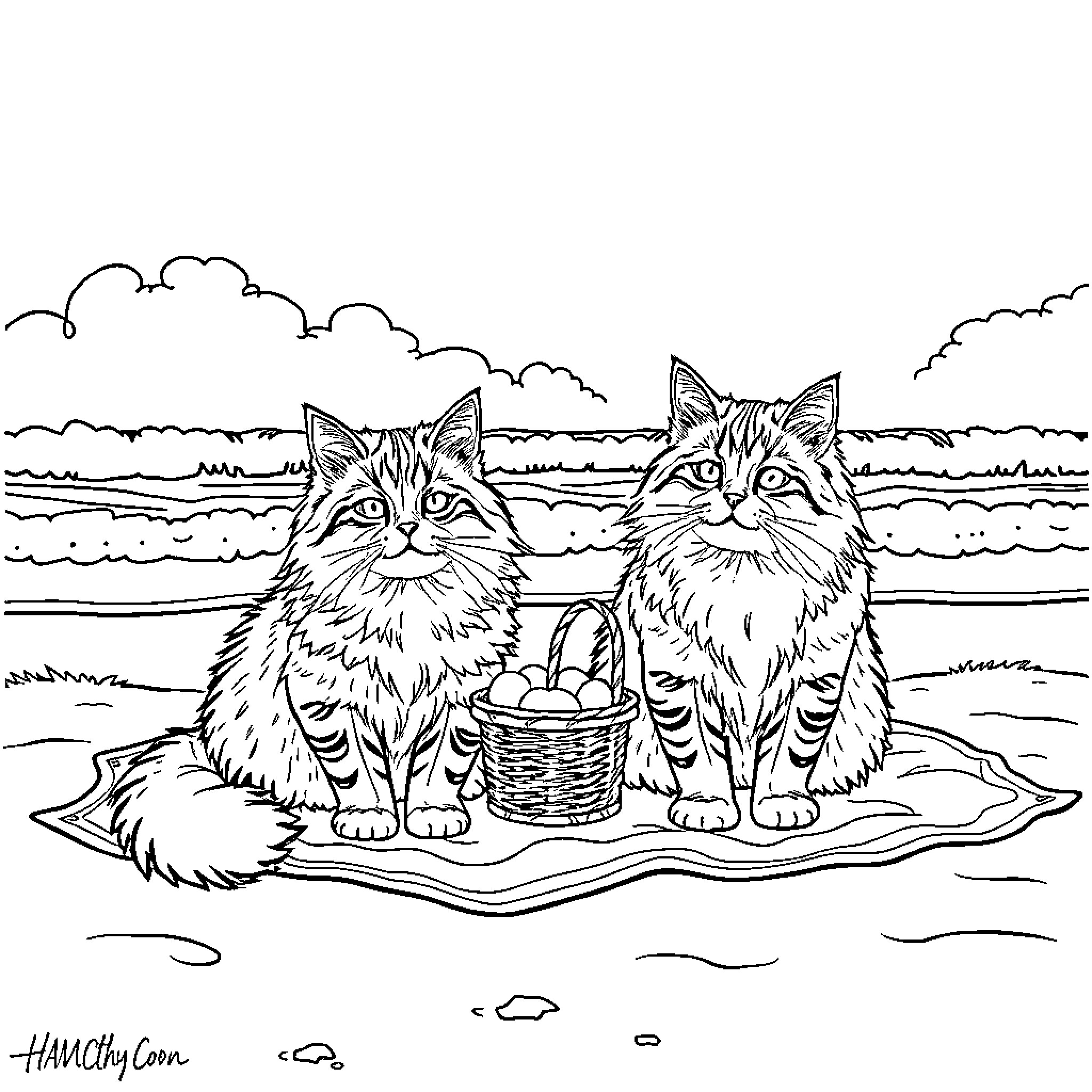 Maine Coon Cats Enjoying a Picnic by the Lake Coloring Page (free black-and-white line drawing printable PDF for all, from beginners to advanced learners, including children, teens, adults, and seniors)