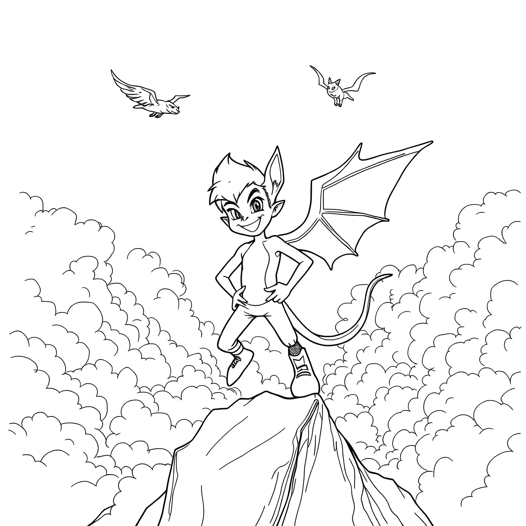 Remy Lebeau in a cloudy sky with winged creatures Coloring Page (free black-and-white line drawing printable PDF for all, from beginners to advanced learners, including children, teens, adults, and seniors)