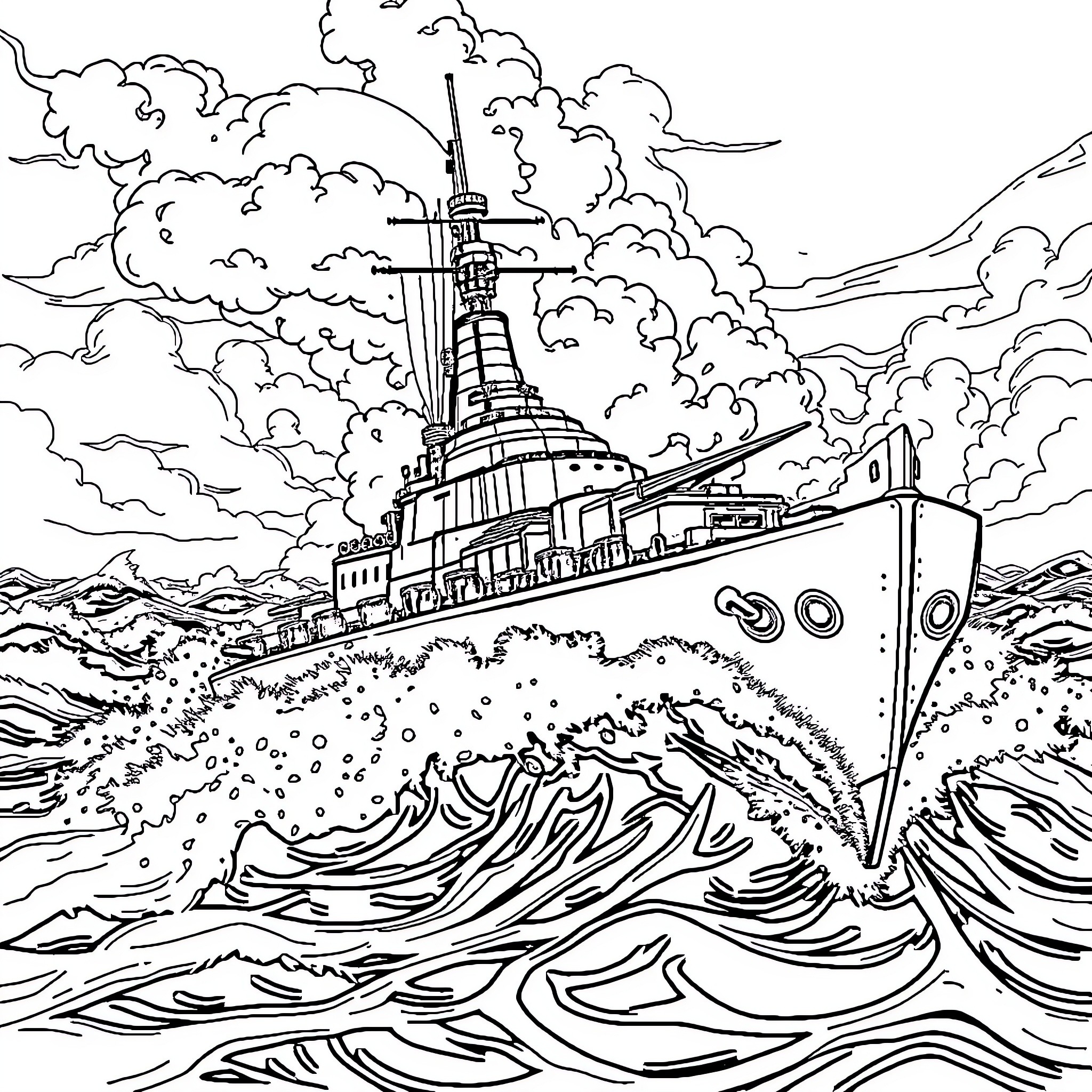 Battleship Sailing Through Stormy Seas Coloring Page (free black-and-white line drawing printable PDF for all, from beginners to advanced learners, including children, teens, adults, and seniors)