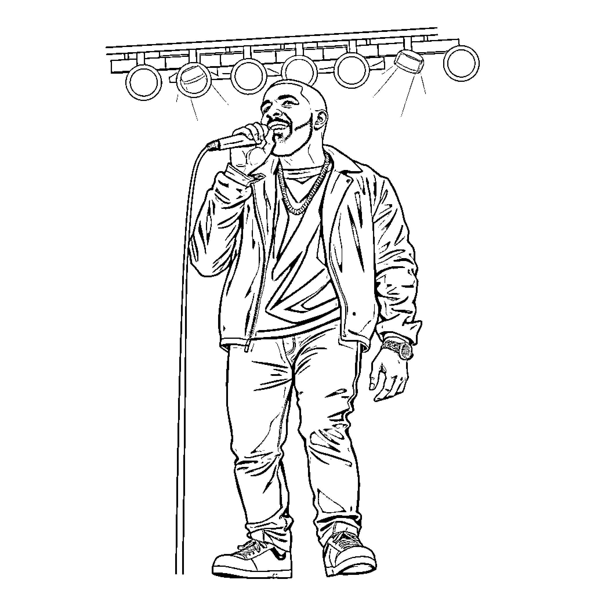 Drake performing on stage with microphone Coloring Page (free black-and-white line drawing printable PDF for all, from beginners to advanced learners, including children, teens, adults, and seniors)