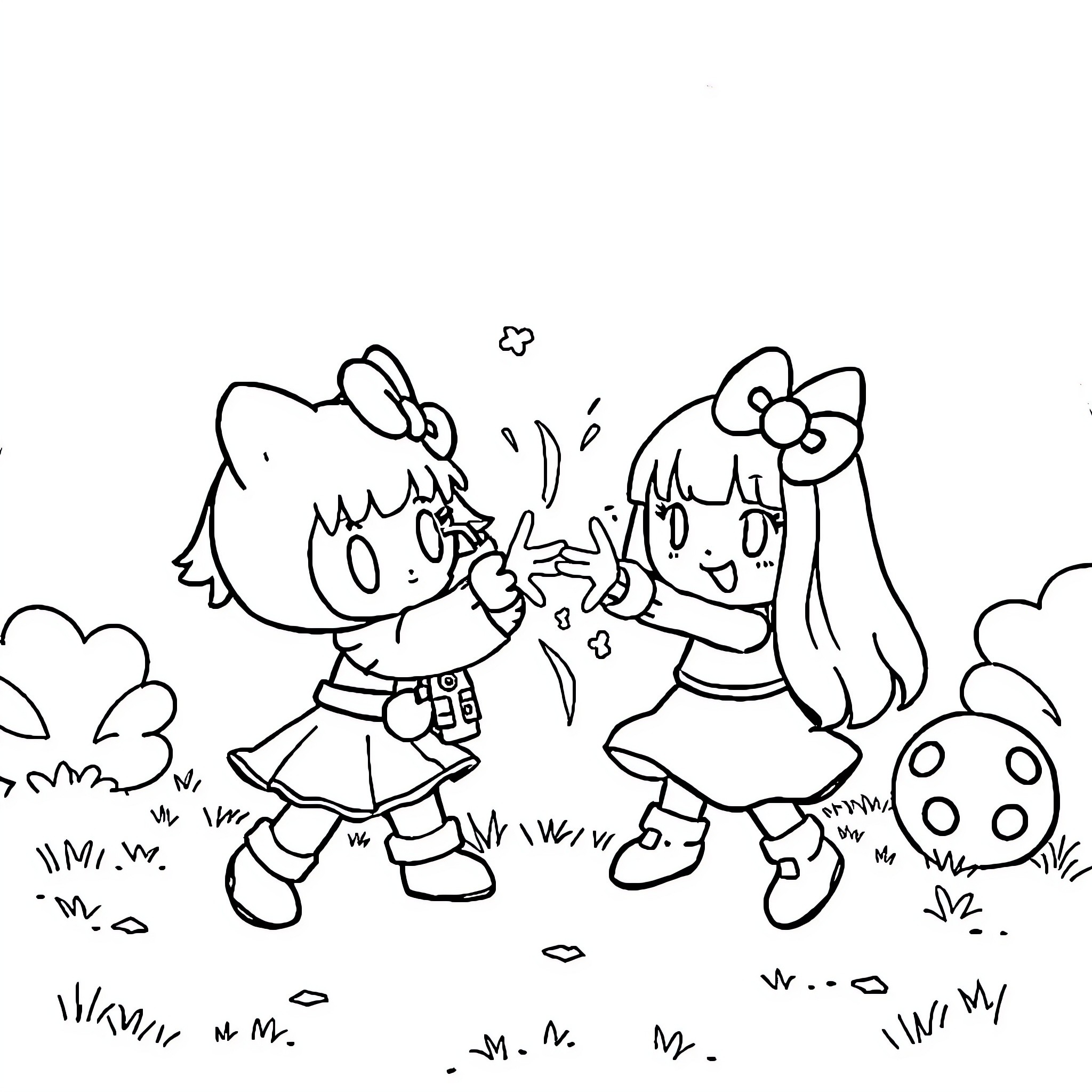 Kuromi and friend playing together in the park Coloring Page (free black-and-white line drawing printable PDF for all, from beginners to advanced learners, including children, teens, adults, and seniors)