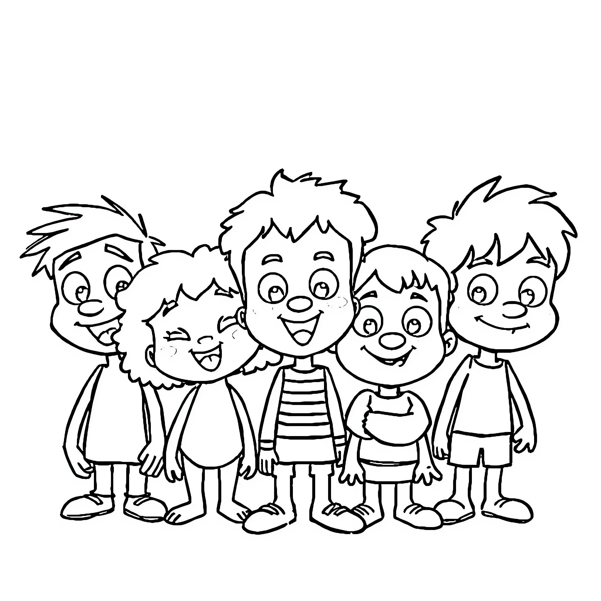 Cartoon friends playing happily together Coloring Page (free black-and-white line drawing printable PDF for all, from beginners to advanced learners, including children, teens, adults, and seniors)