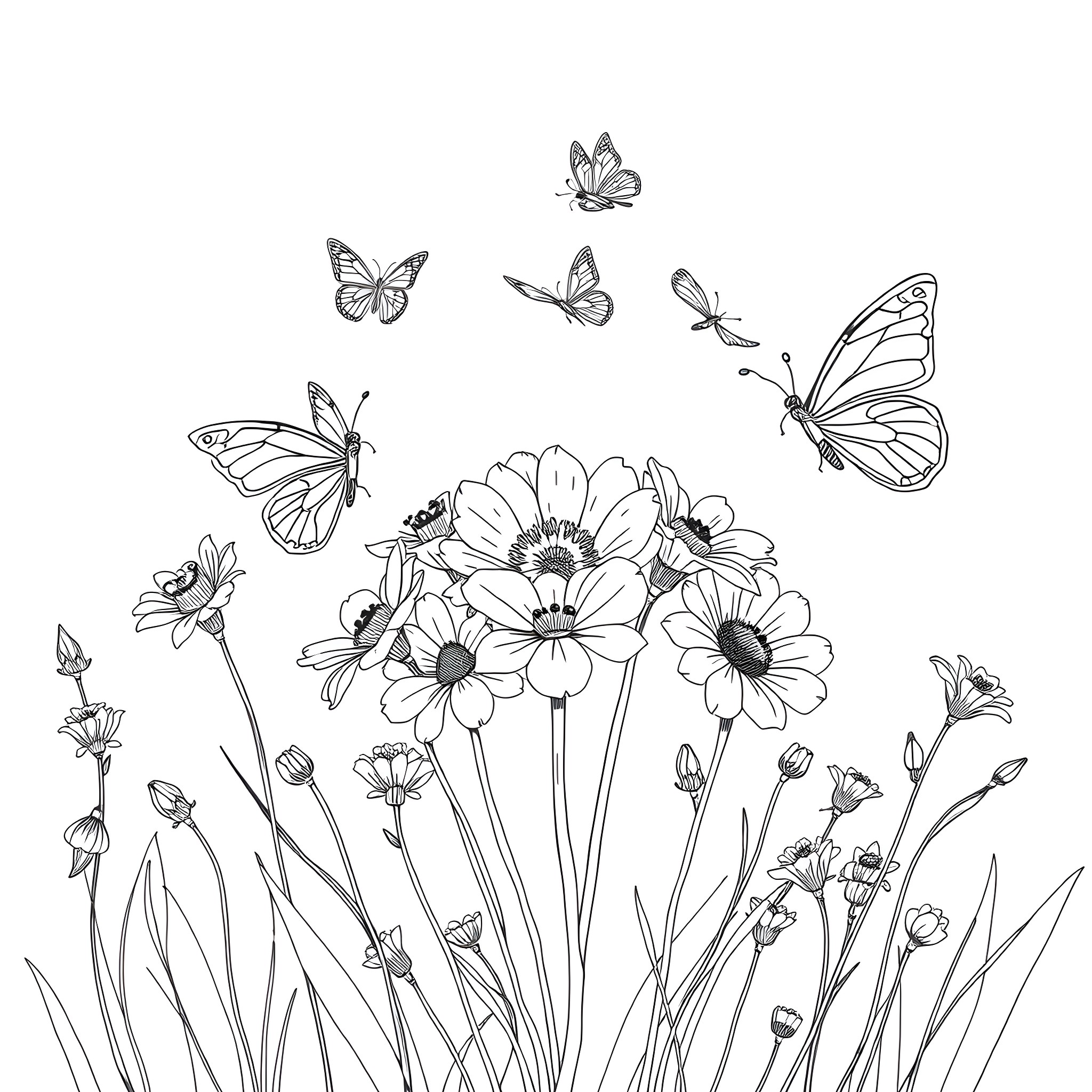 Butterfly Fluttering Amongst Blooming Flowers Coloring Page (free black-and-white line drawing printable PDF for all, from beginners to advanced learners, including children, teens, adults, and seniors)