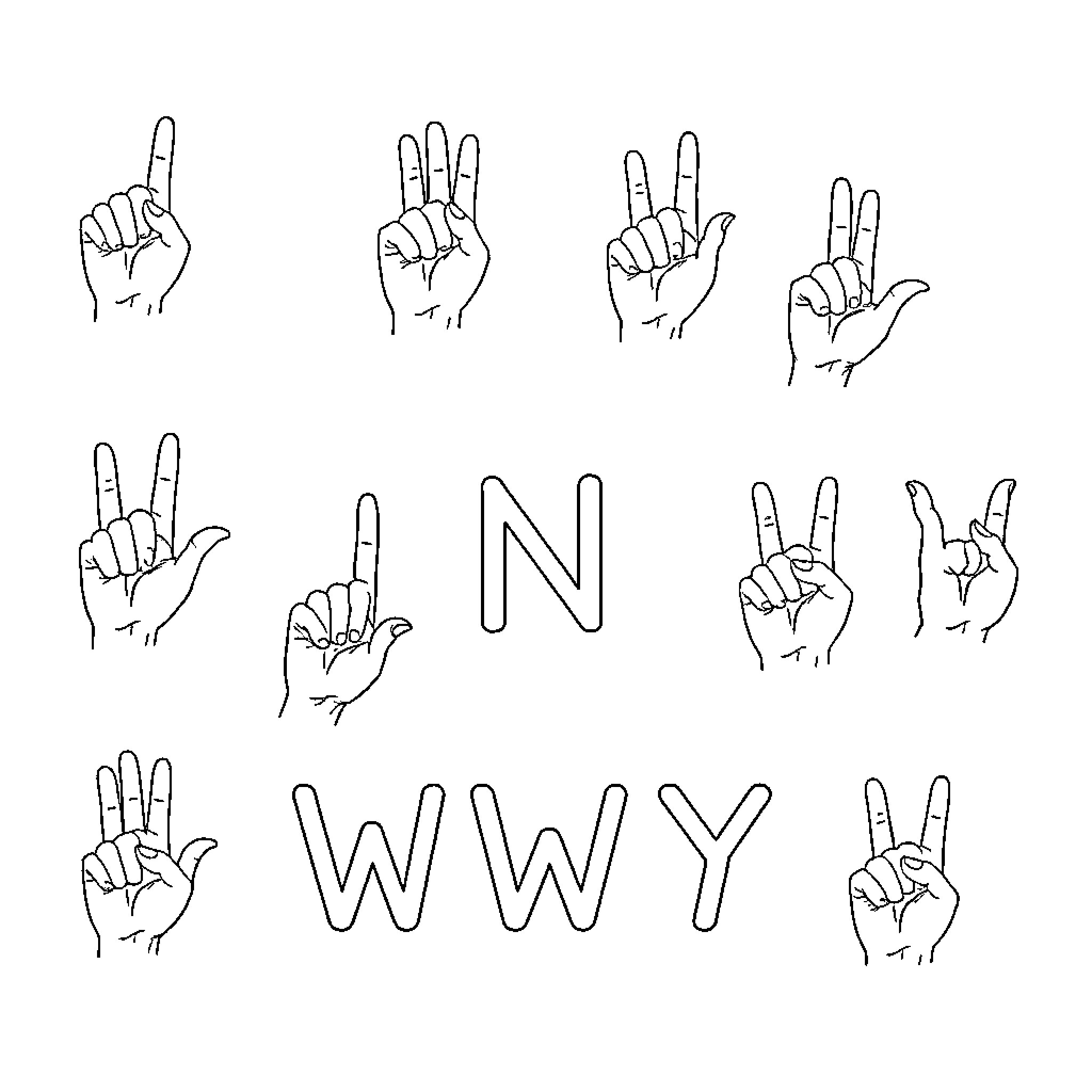 ASL Alphabet Handshapes and Fingerspelling Coloring Page (free black-and-white line drawing printable PDF for all, from beginners to advanced learners, including children, teens, adults, and seniors)