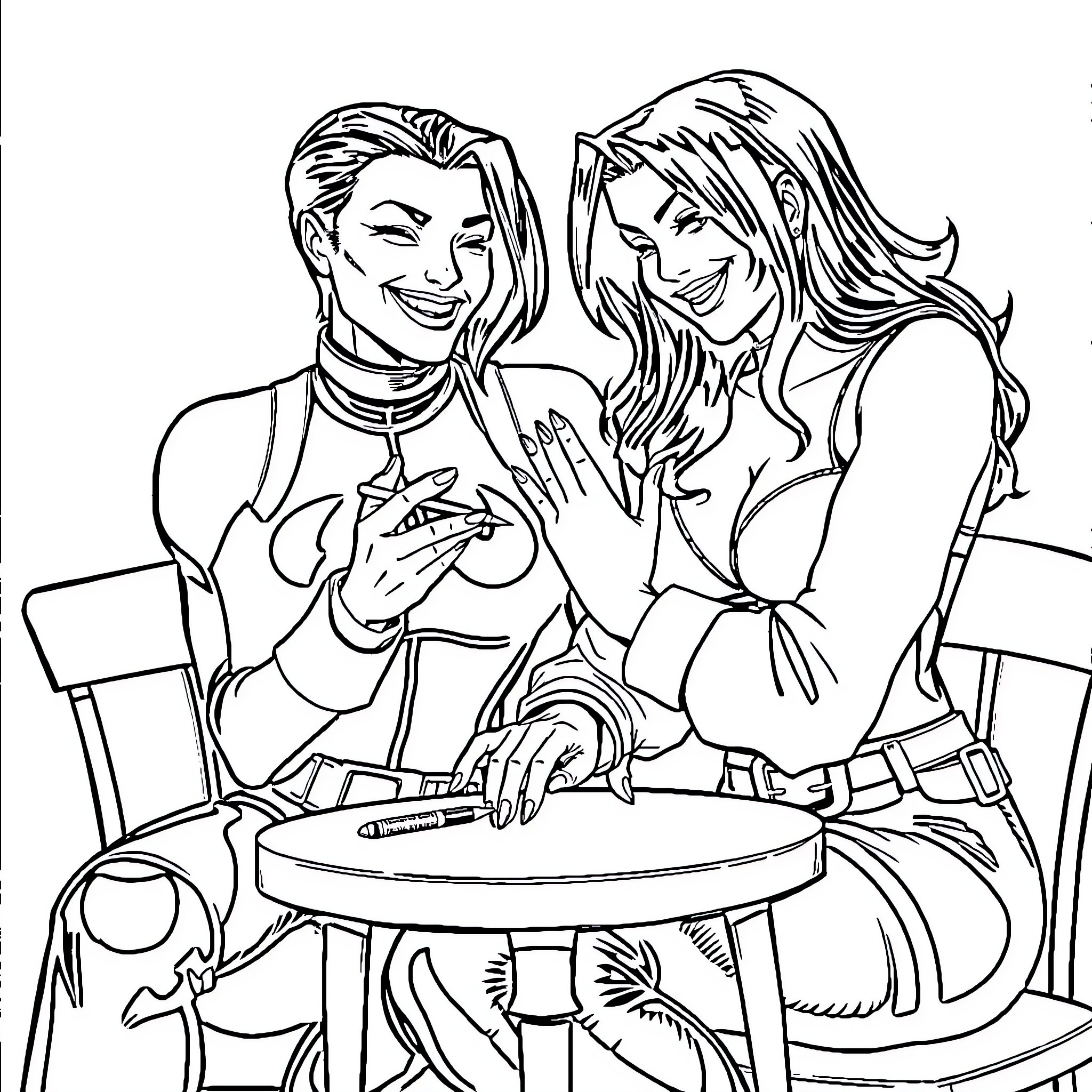 Psylocke and friend enjoying a casual moment Coloring Page (free black-and-white line drawing printable PDF for all, from beginners to advanced learners, including children, teens, adults, and seniors)