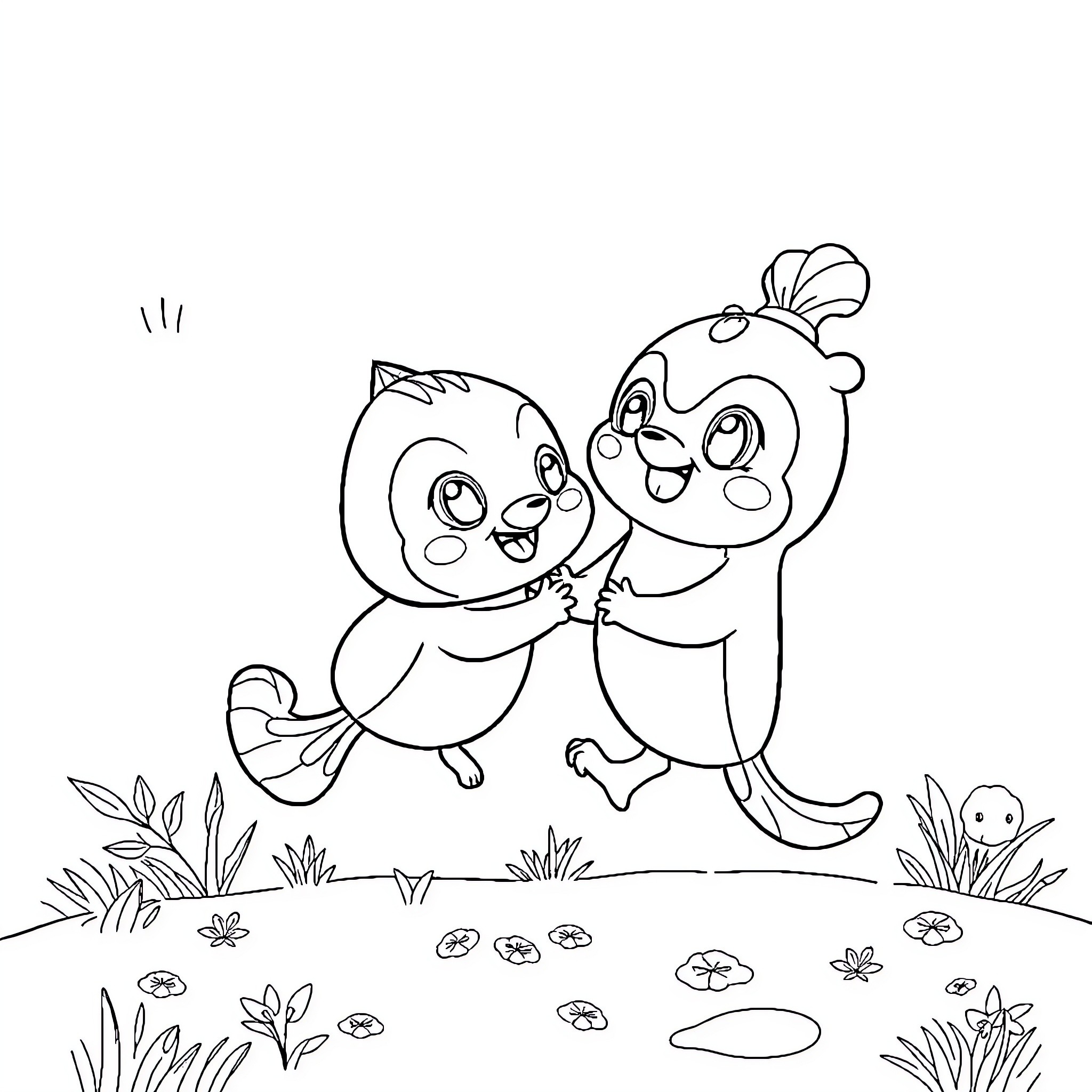 Labubu playing happily with friends in the meadow Coloring Page (free black-and-white line drawing printable PDF for all, from beginners to advanced learners, including children, teens, adults, and seniors)