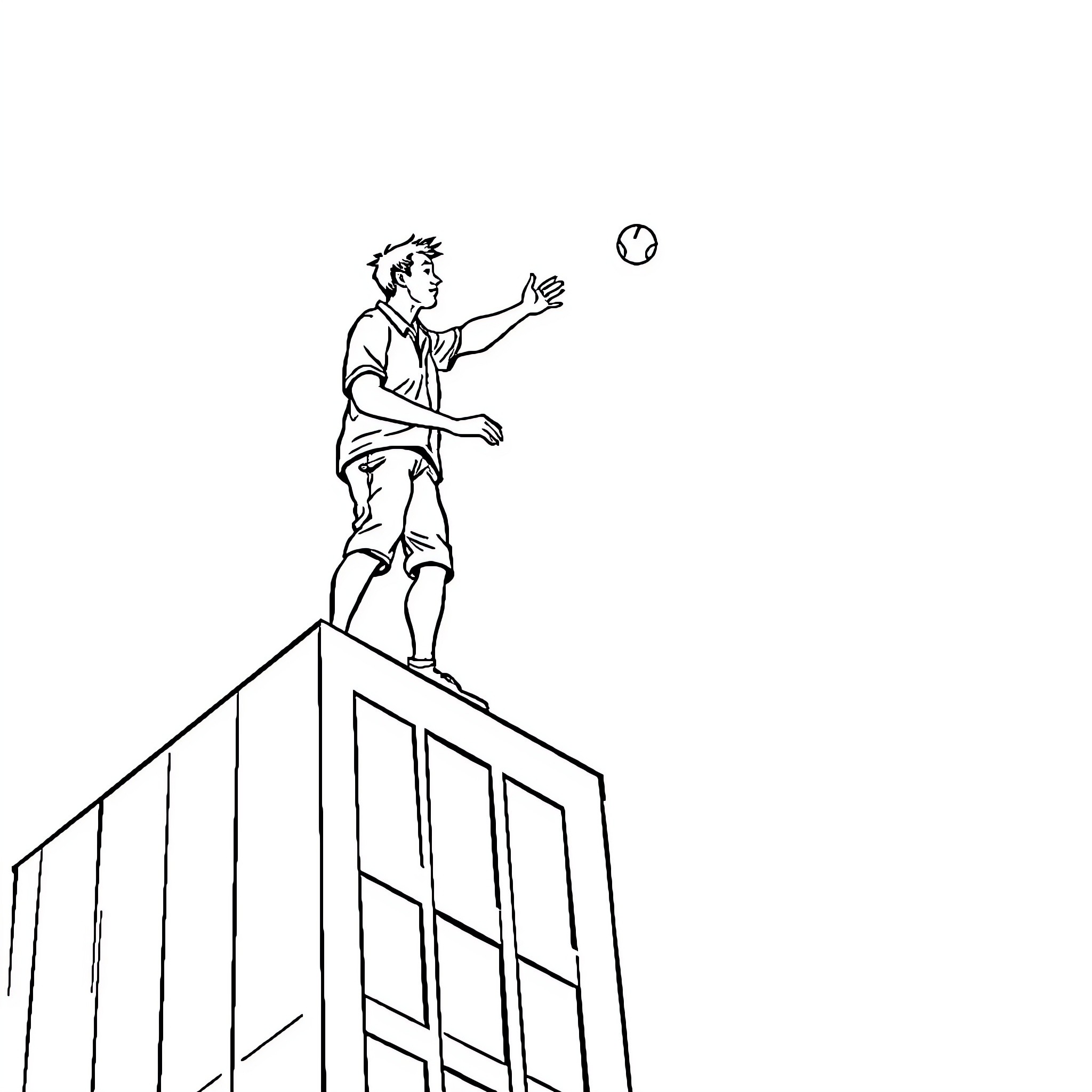 Man juggling balls on top of building Coloring Page (free black-and-white line drawing printable PDF for all, from beginners to advanced learners, including children, teens, adults, and seniors)