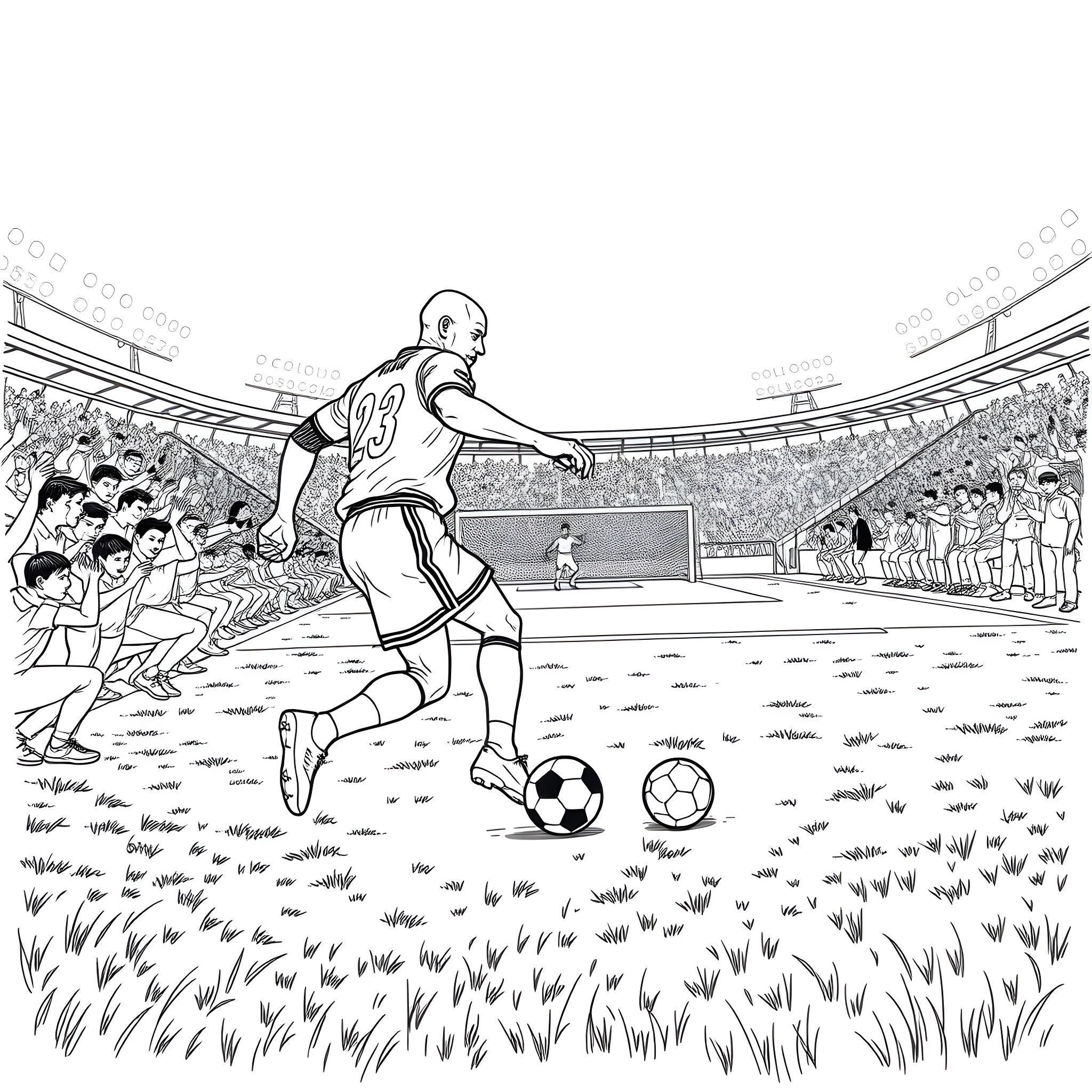 Michael Jordan dribbling a soccer ball in a sports stadium Coloring Page (free black-and-white line drawing printable PDF for all, from beginners to advanced learners, including children, teens, adults, and seniors)