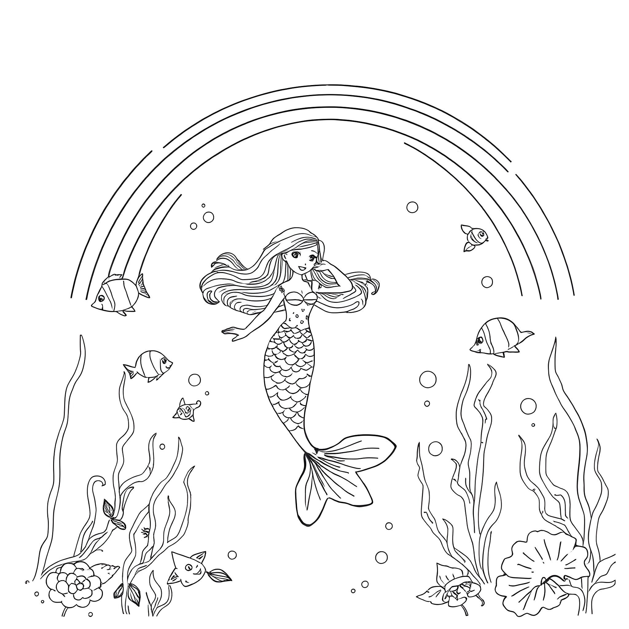 Mermaid swimming joyfully in the ocean Coloring Page (free black-and-white line drawing printable PDF for all, from beginners to advanced learners, including children, teens, adults, and seniors)