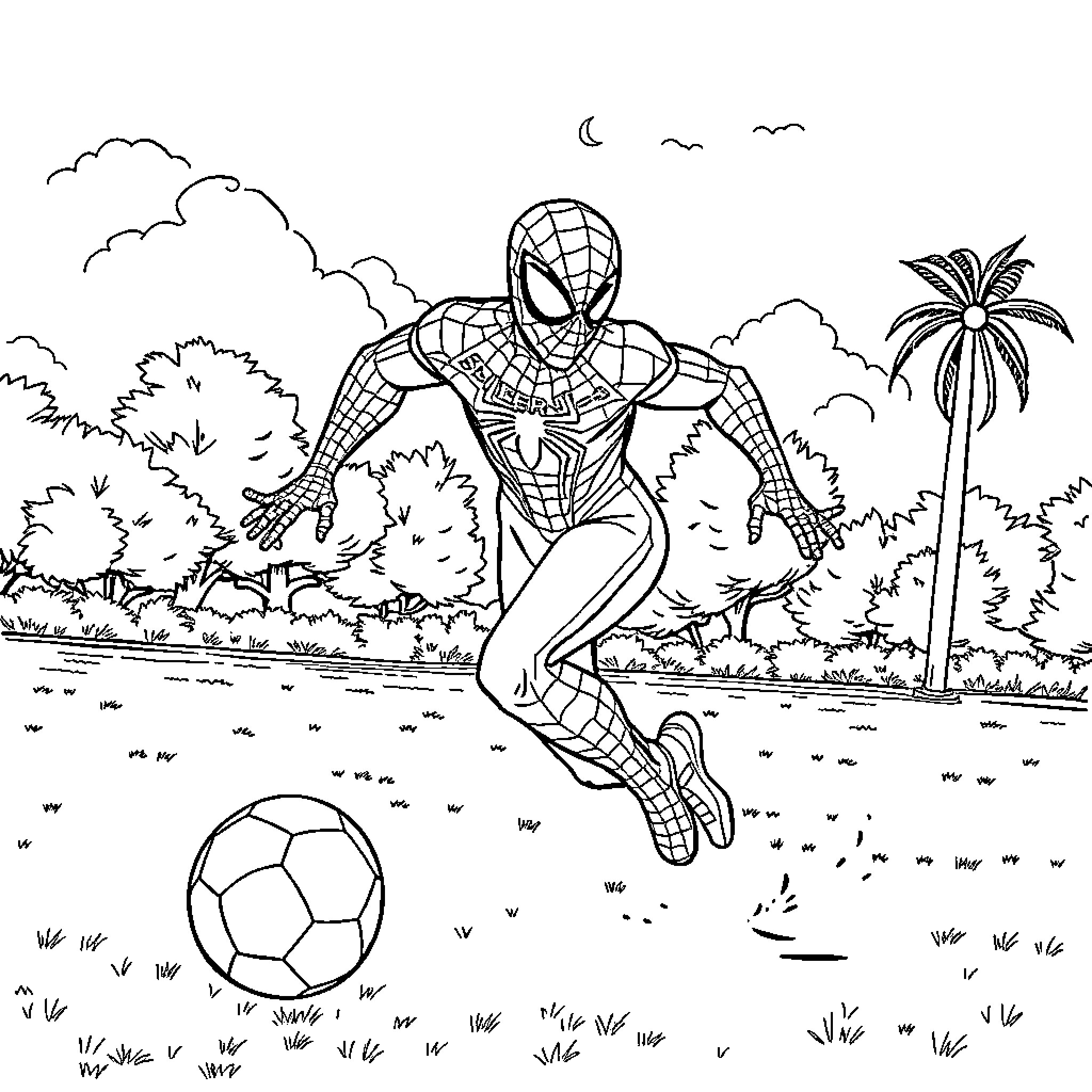 Spidey's Playful Beach Soccer Adventure Coloring Page (free black-and-white line drawing printable PDF for all, from beginners to advanced learners, including children, teens, adults, and seniors)