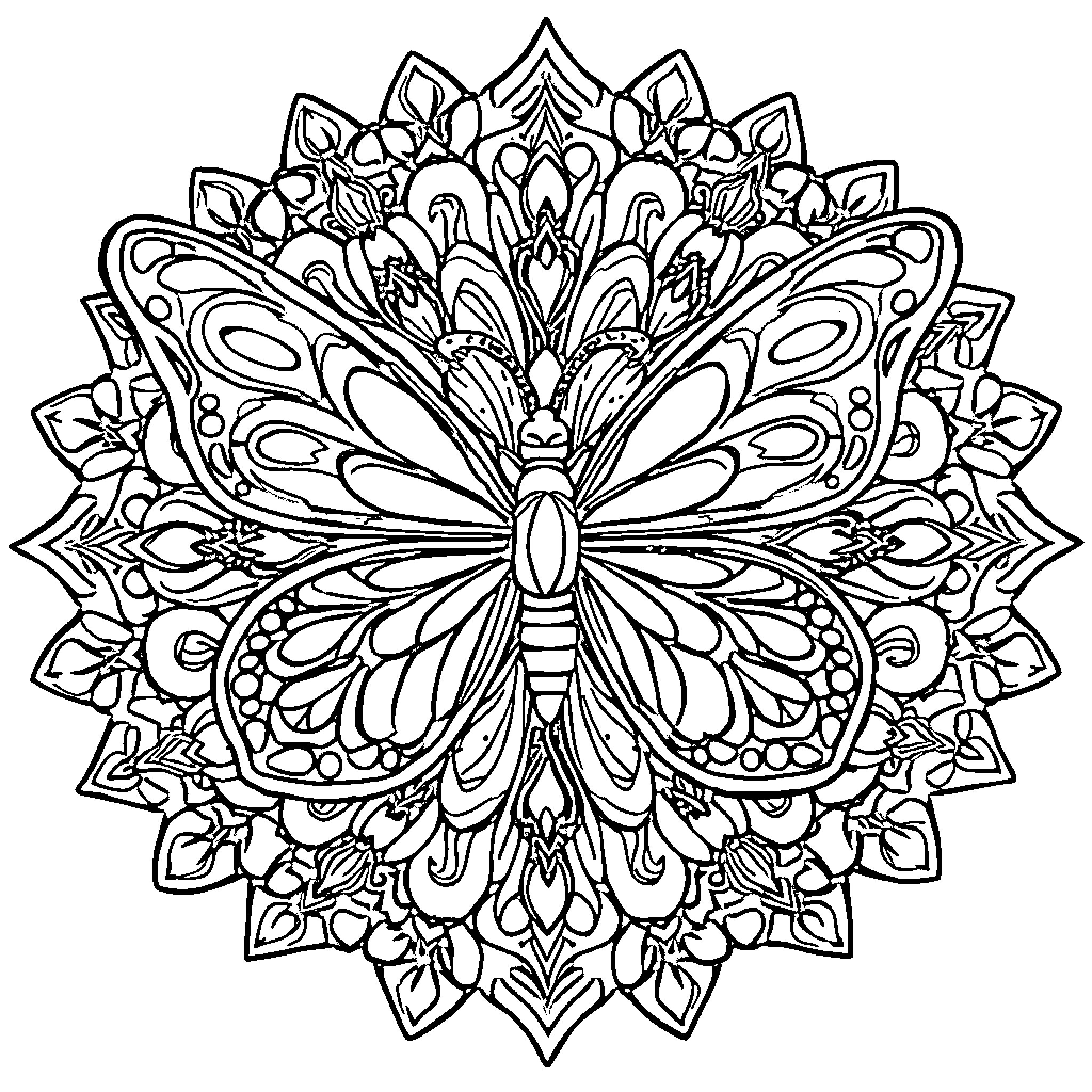 Butterfly Mandala Design Coloring Page (free black-and-white line drawing printable PDF for all, from beginners to advanced learners, including children, teens, adults, and seniors)