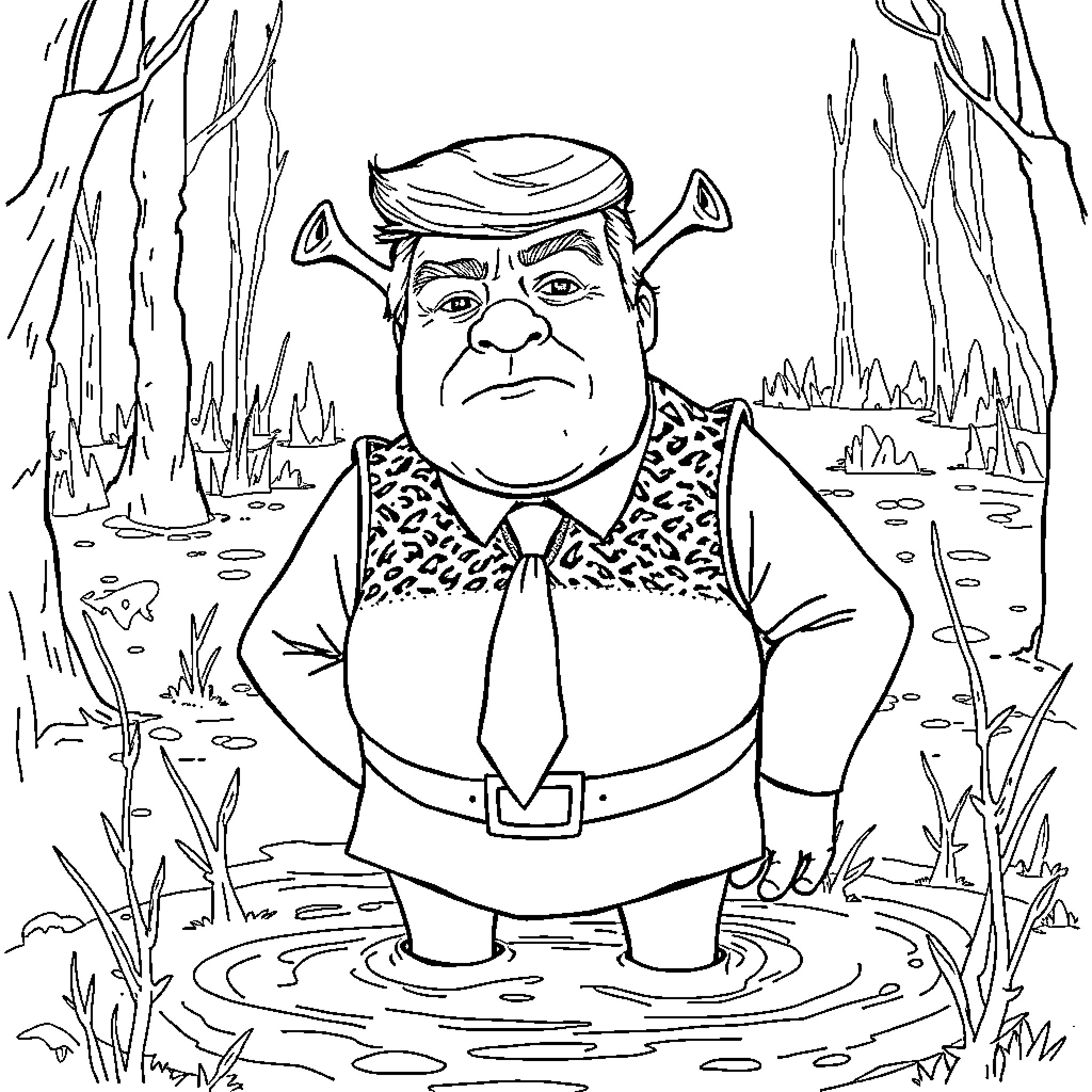 Donald Trump in a comical swamp setting Coloring Page (free black-and-white line drawing printable PDF for all, from beginners to advanced learners, including children, teens, adults, and seniors)