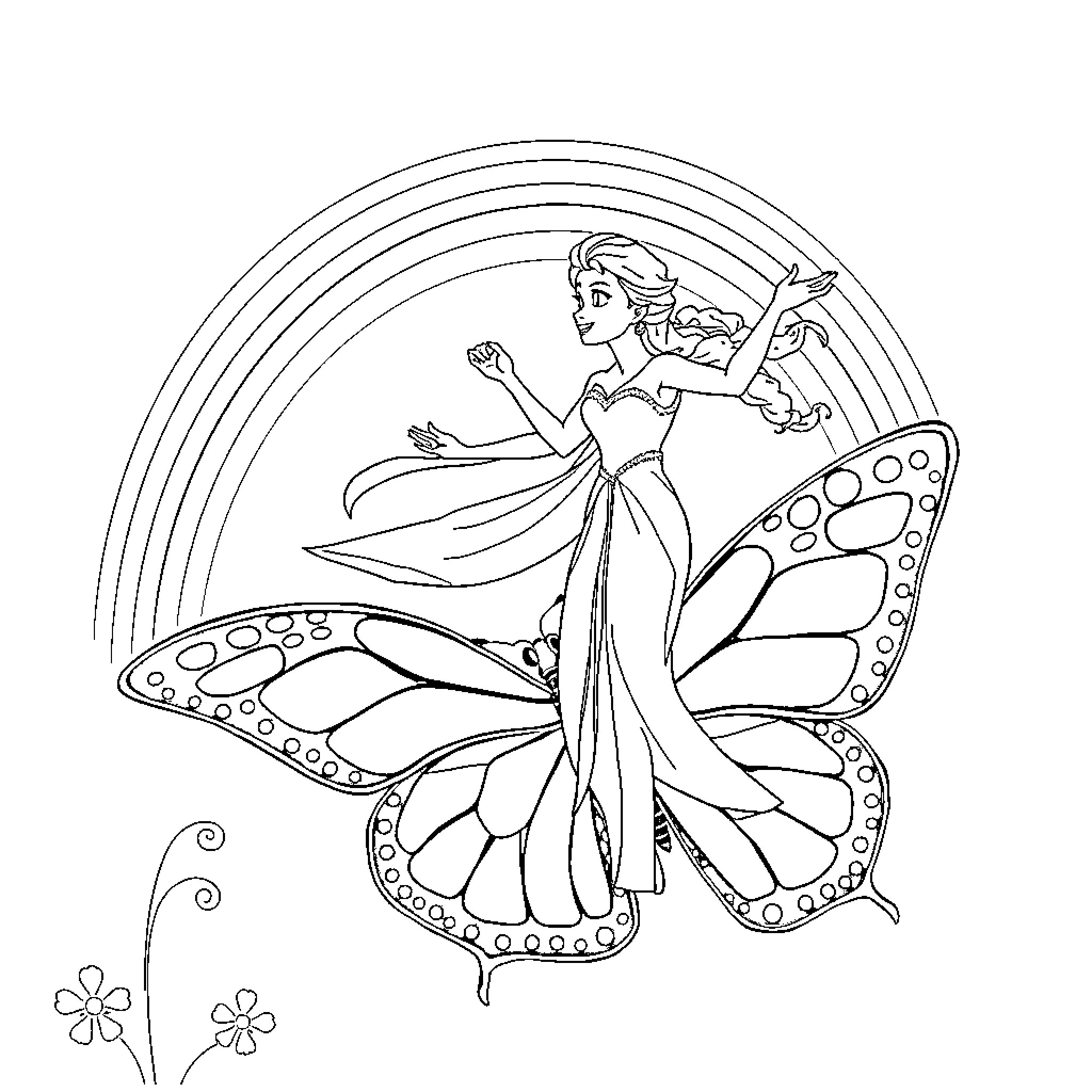 Elsa the Butterfly Fairy Dances with Joy Coloring Page (free black-and-white line drawing printable PDF for all, from beginners to advanced learners, including children, teens, adults, and seniors)