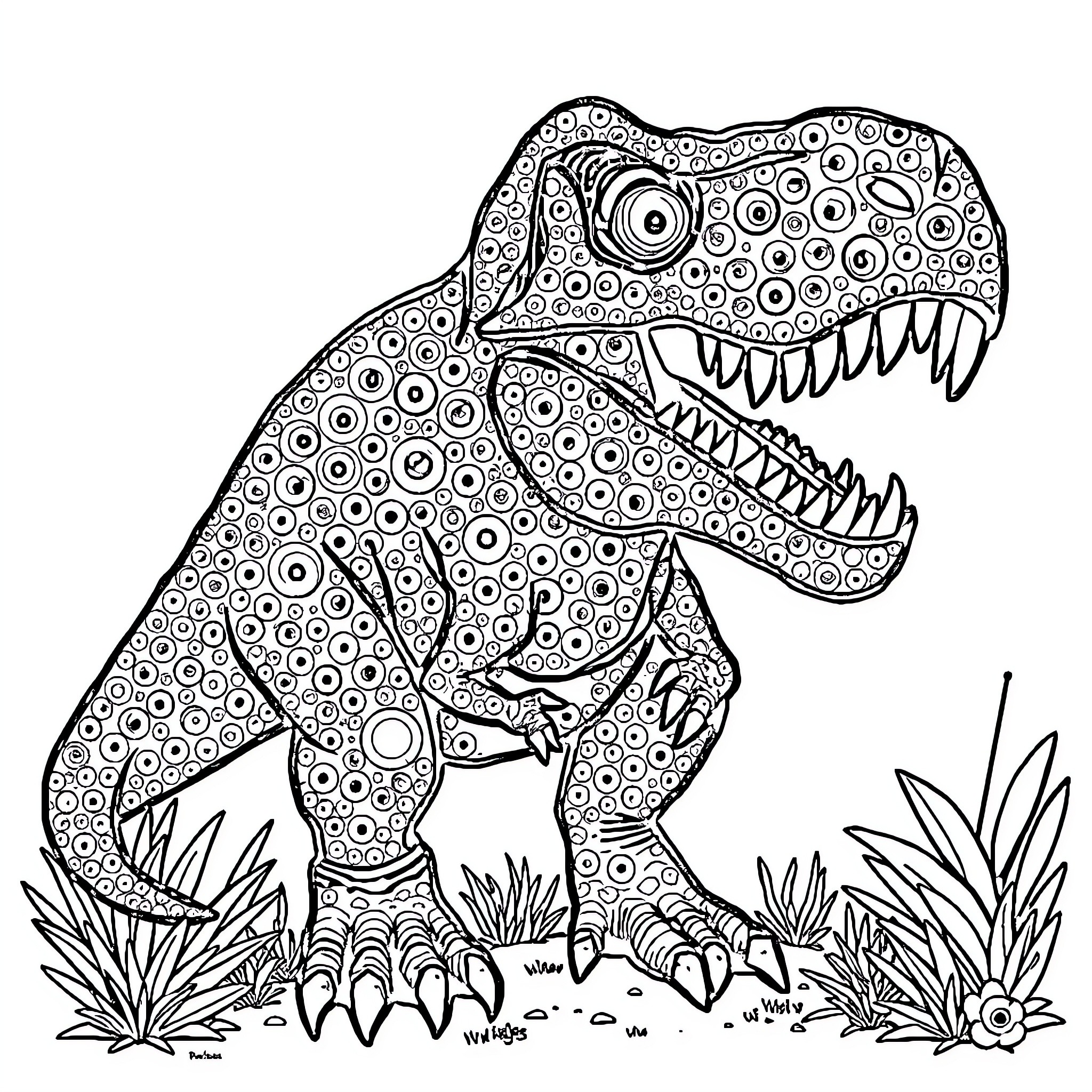 T-Rex exploring the prehistoric landscape Coloring Page (free black-and-white line drawing printable PDF for all, from beginners to advanced learners, including children, teens, adults, and seniors)