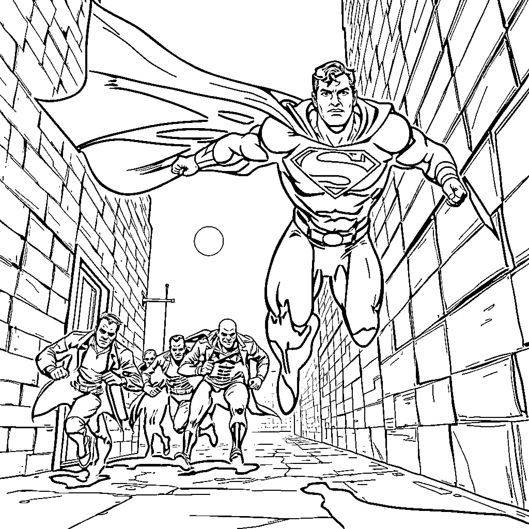 Superman soaring through the city with a group of people Coloring Page (free black-and-white line drawing printable PDF for all, from beginners to advanced learners, including children, teens, adults, and seniors)