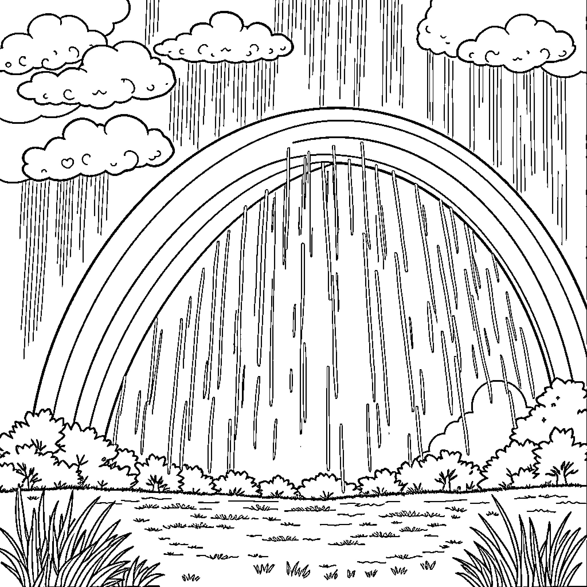 Rainbow Landscape with Raindrops and Clouds Coloring Page (free black-and-white line drawing printable PDF for all, from beginners to advanced learners, including children, teens, adults, and seniors)