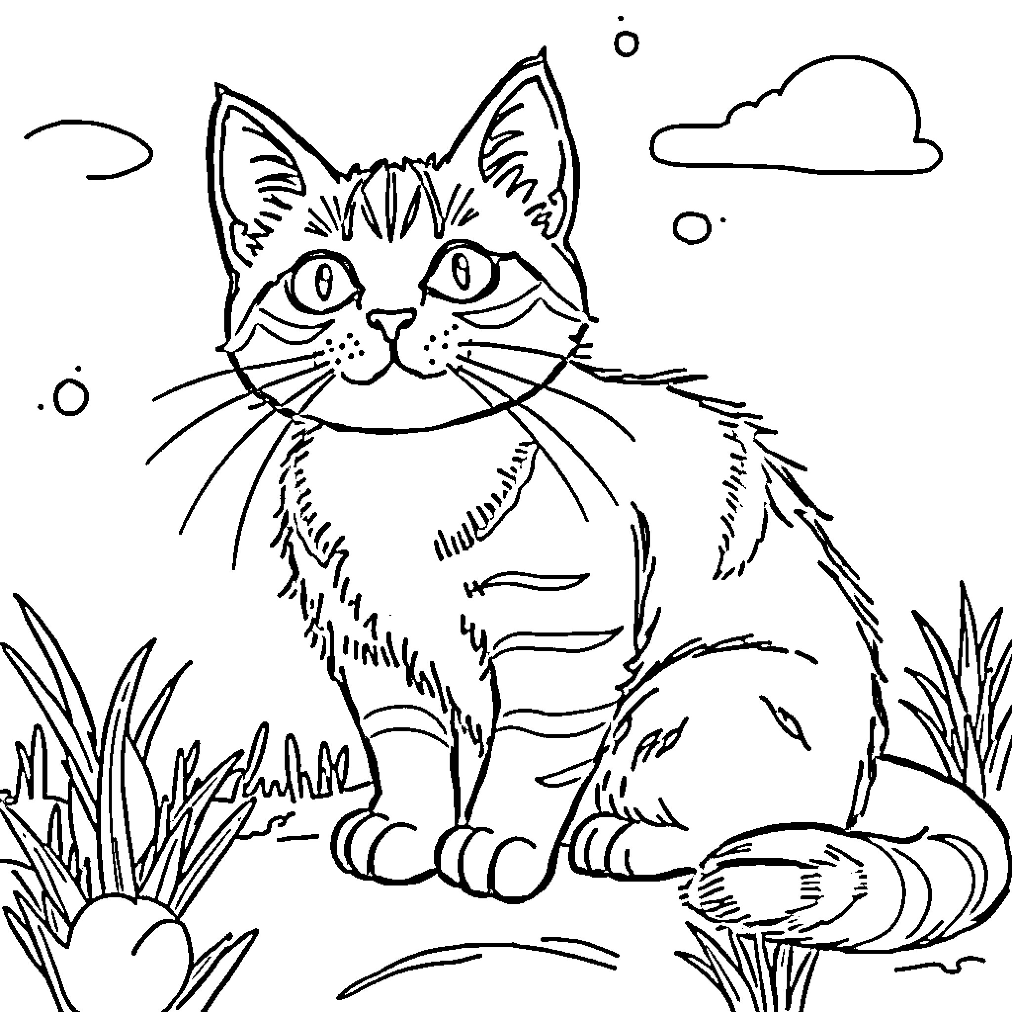 Cat sitting calmly in the grass Coloring Page (free black-and-white line drawing printable PDF for all, from beginners to advanced learners, including children, teens, adults, and seniors)