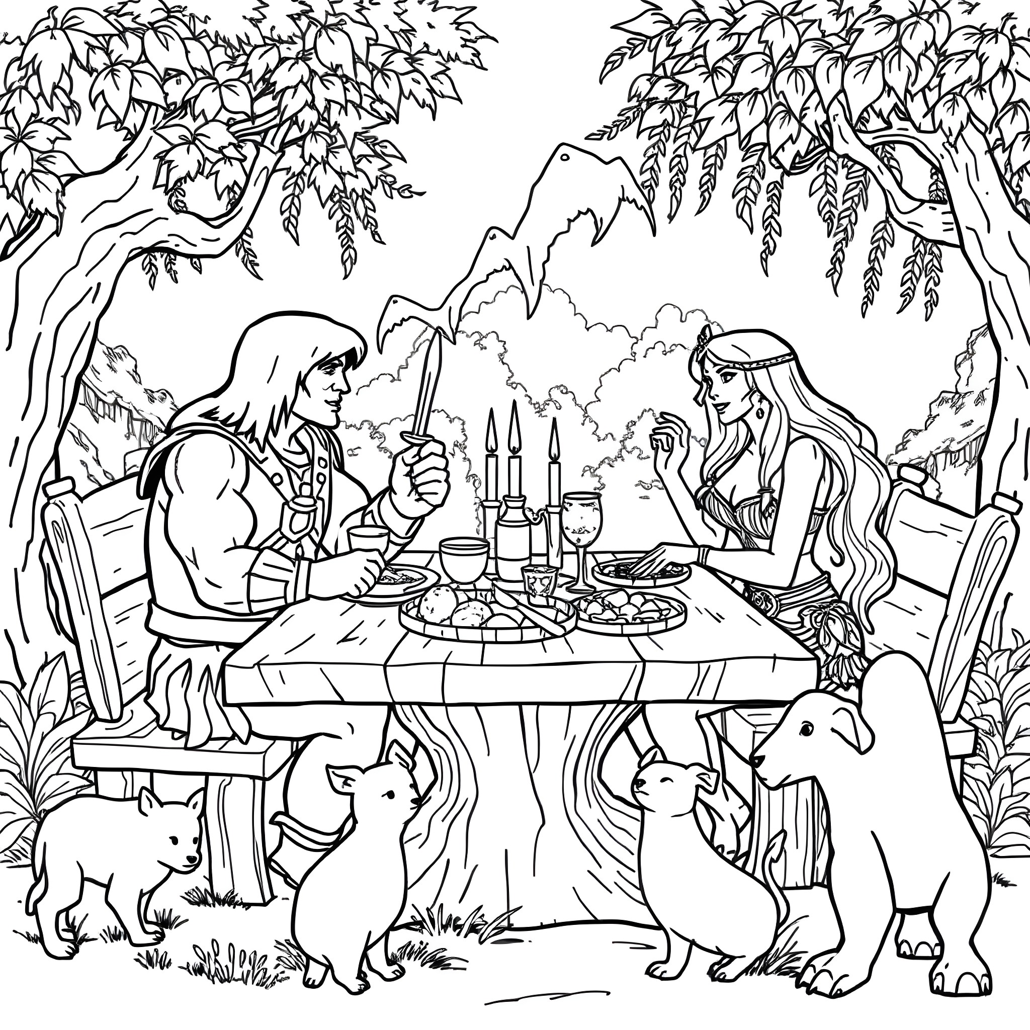 He-Man enjoying a picnic with Teela in the forest Coloring Page (free black-and-white line drawing printable PDF for all, from beginners to advanced learners, including children, teens, adults, and seniors)