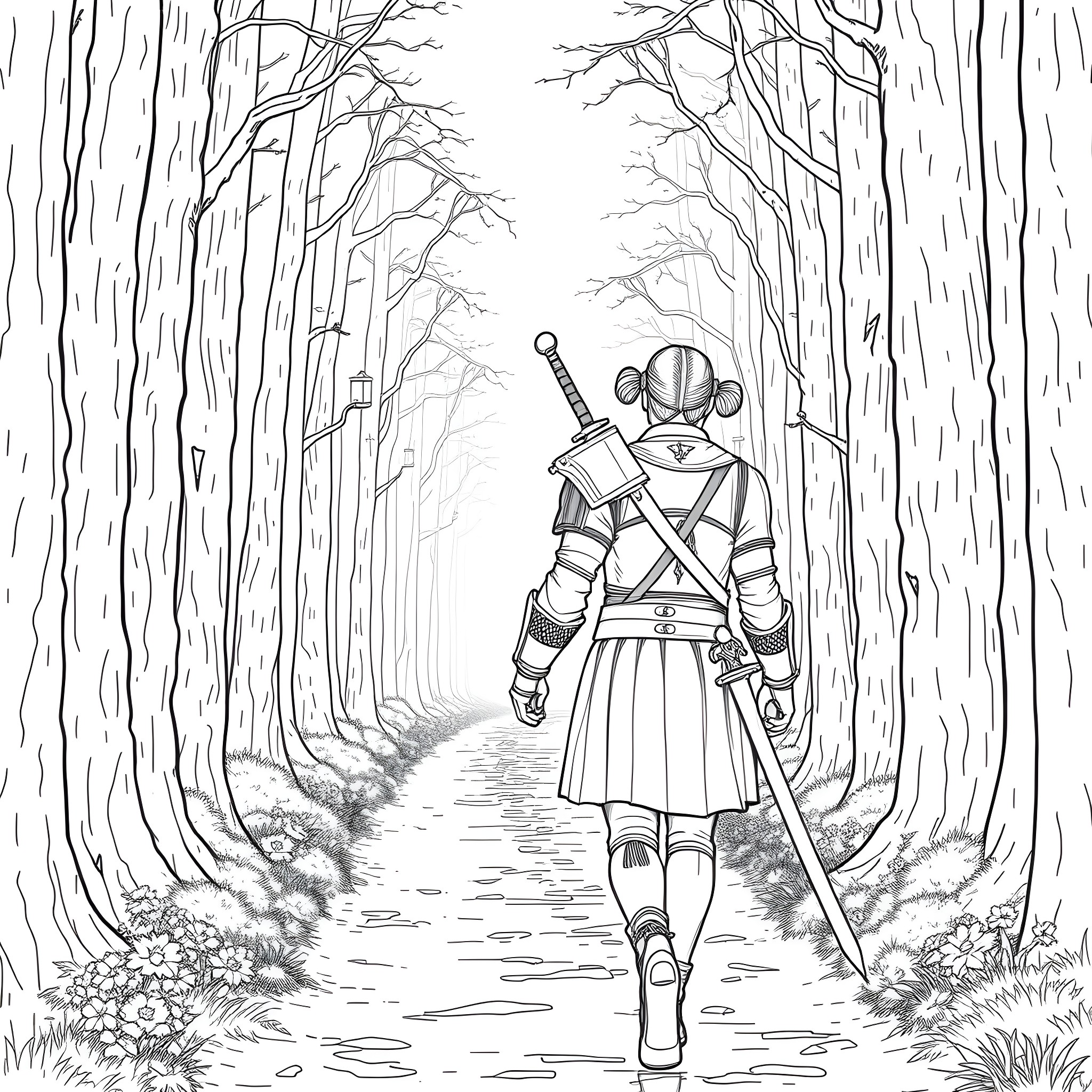 Geralt traversing a mysterious forest path Coloring Page (free black-and-white line drawing printable PDF for all, from beginners to advanced learners, including children, teens, adults, and seniors)