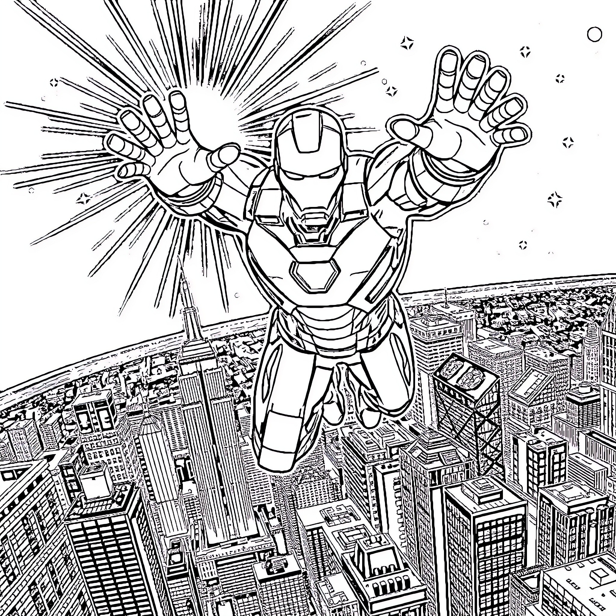 Iron Man soaring through the sky over a city Coloring Page (free black-and-white line drawing printable PDF for all, from beginners to advanced learners, including children, teens, adults, and seniors)