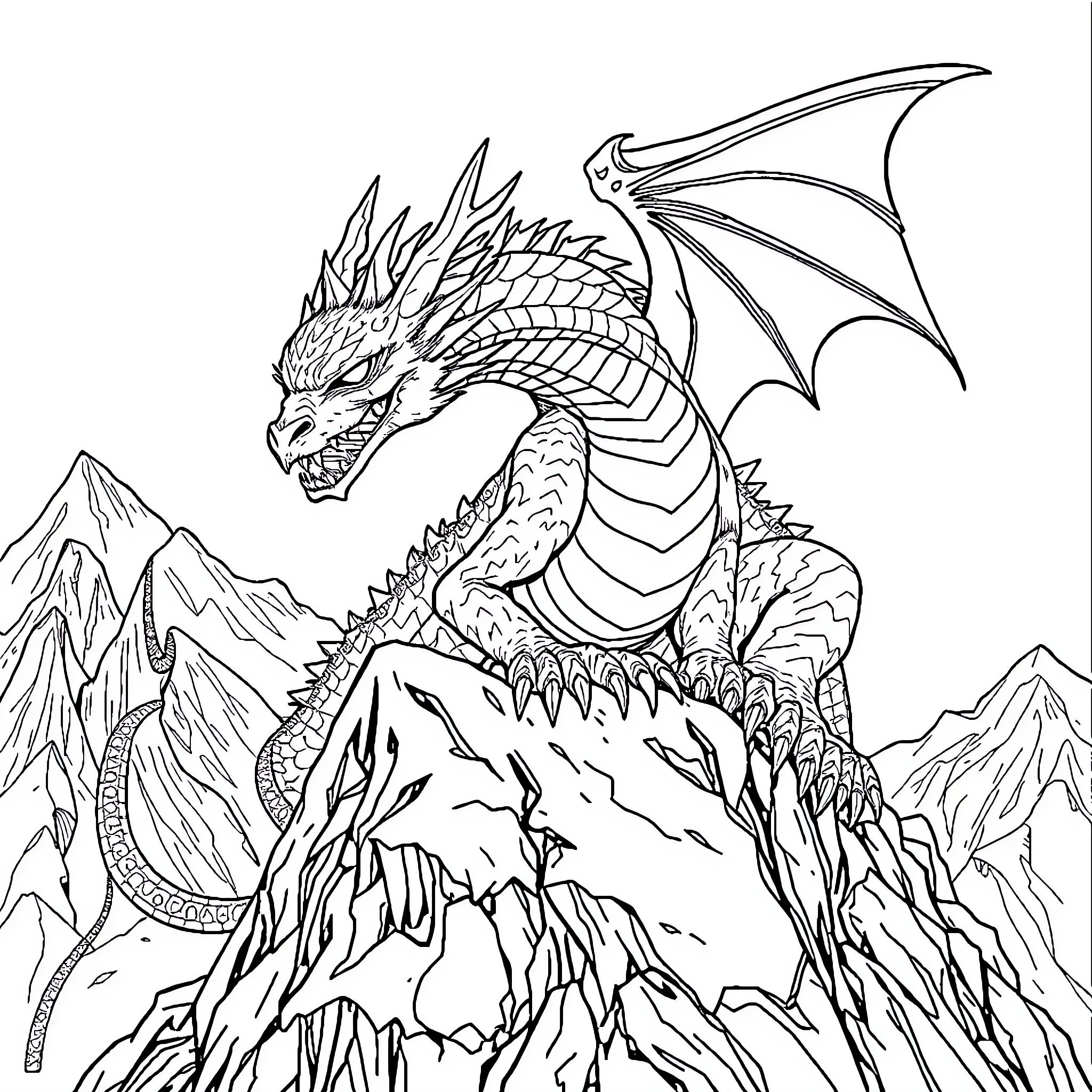 Dragon soaring over majestic mountain peaks Coloring Page (free black-and-white line drawing printable PDF for all, from beginners to advanced learners, including children, teens, adults, and seniors)