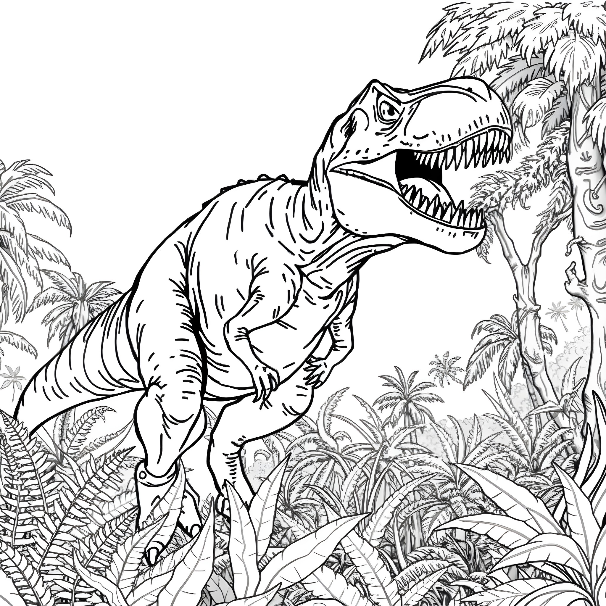 Tyrannosaurus Rex roaring in prehistoric jungle Coloring Page (free black-and-white line drawing printable PDF for all, from beginners to advanced learners, including children, teens, adults, and seniors)