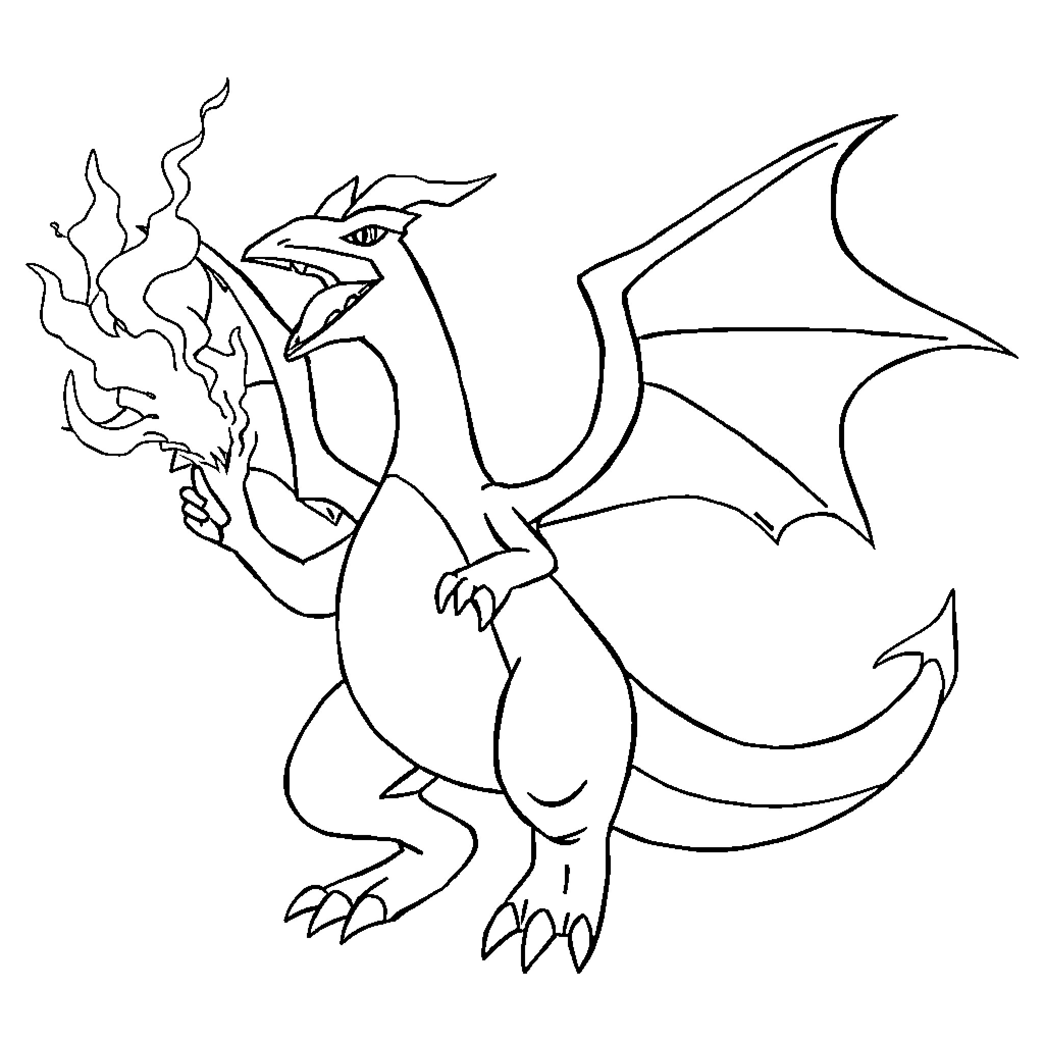 Charizard breathing powerful flames Coloring Page (free black-and-white line drawing printable PDF for all, from beginners to advanced learners, including children, teens, adults, and seniors)