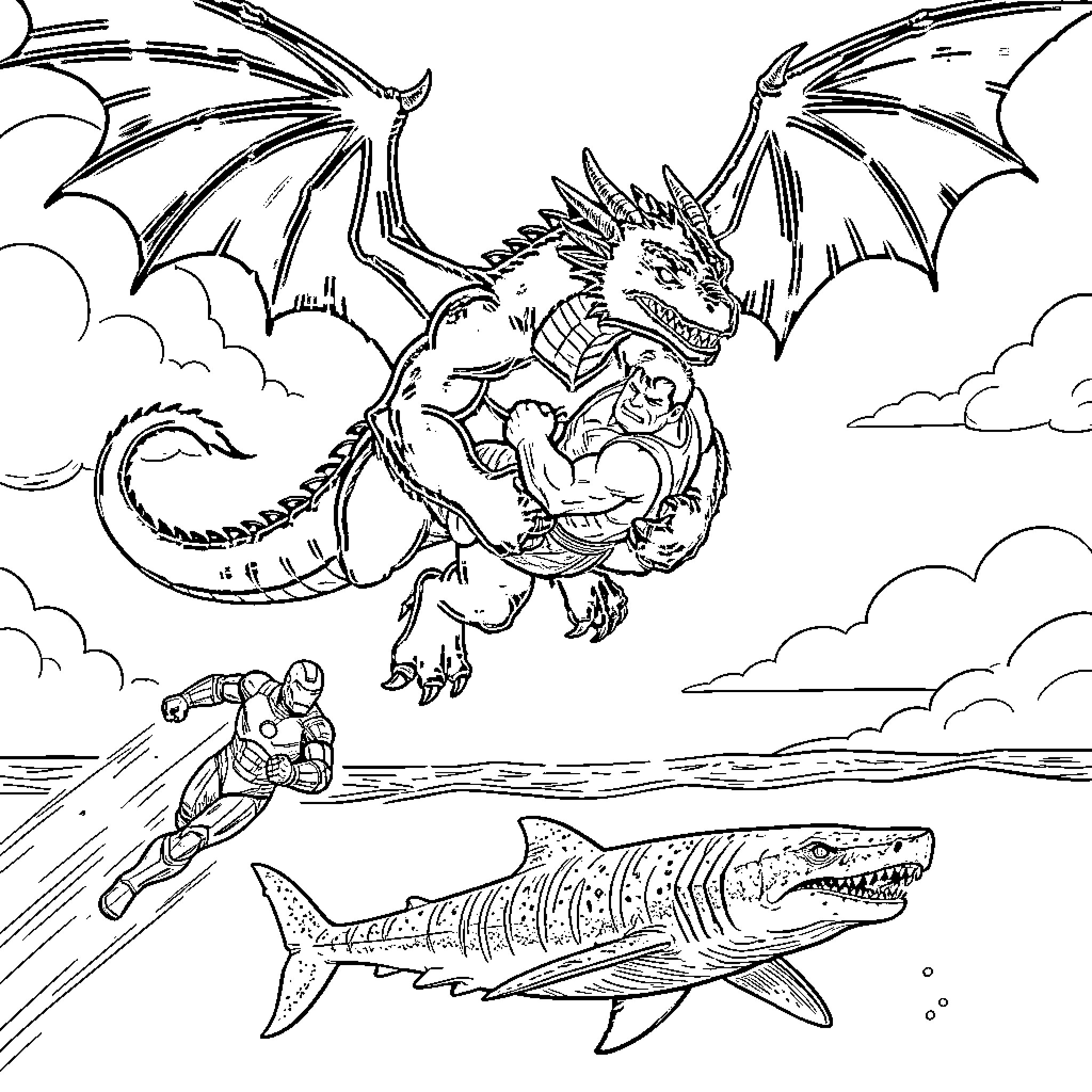 Dragon battling a muscular warrior above the ocean Coloring Page (free black-and-white line drawing printable PDF for all, from beginners to advanced learners, including children, teens, adults, and seniors)