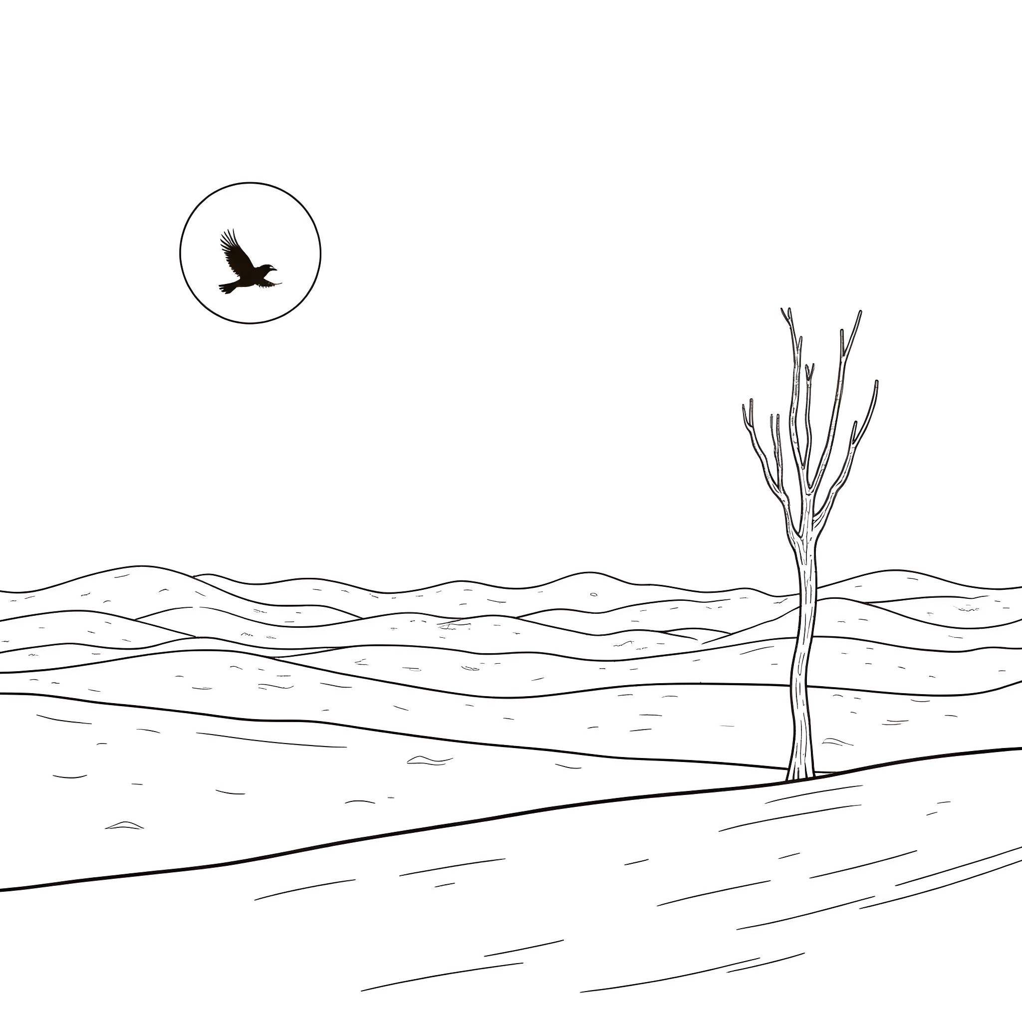 Raven soaring over barren landscape Coloring Page (free black-and-white line drawing printable PDF for all, from beginners to advanced learners, including children, teens, adults, and seniors)