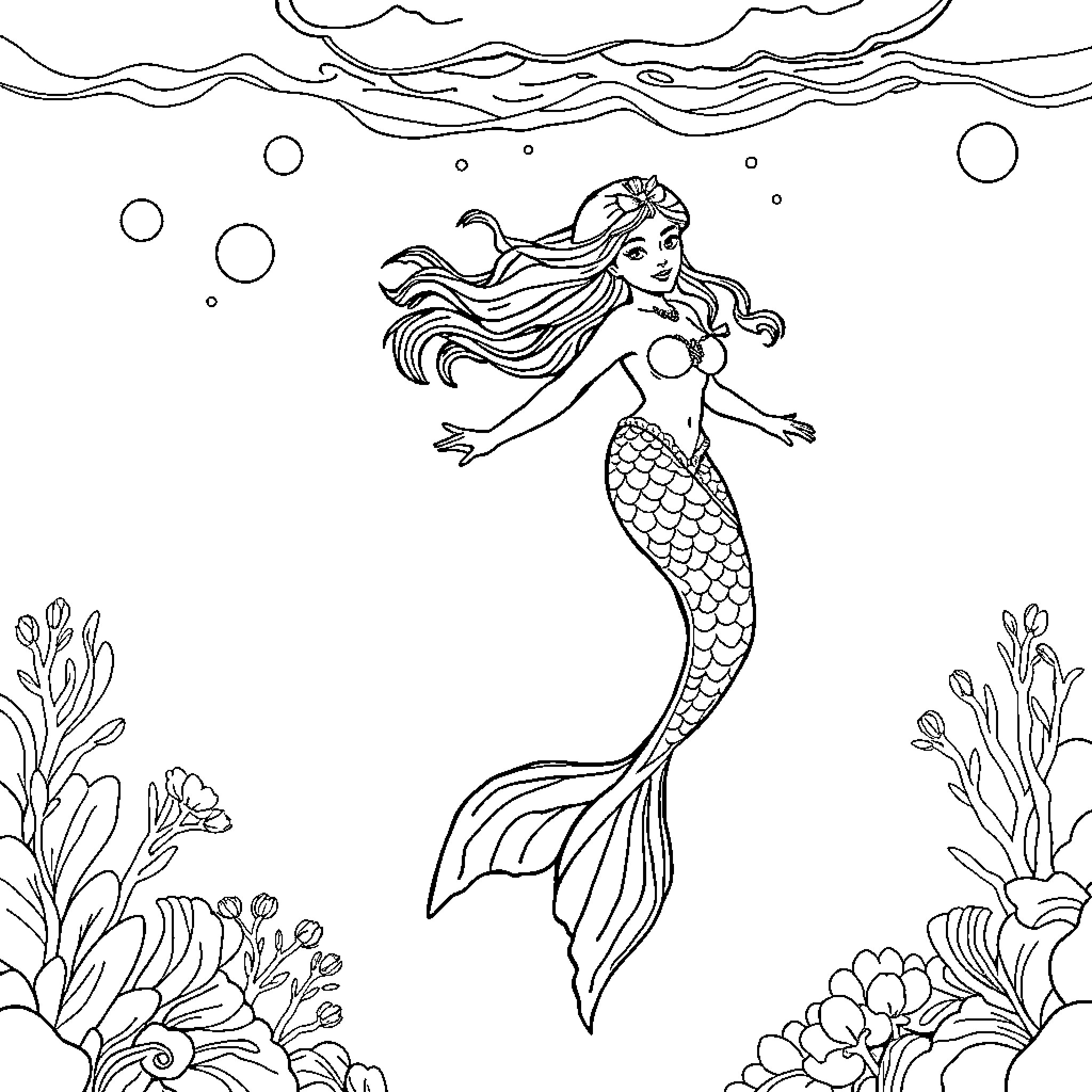 Mermaid swimming gracefully in the underwater scene Coloring Page (free black-and-white line drawing printable PDF for all, from beginners to advanced learners, including children, teens, adults, and seniors)