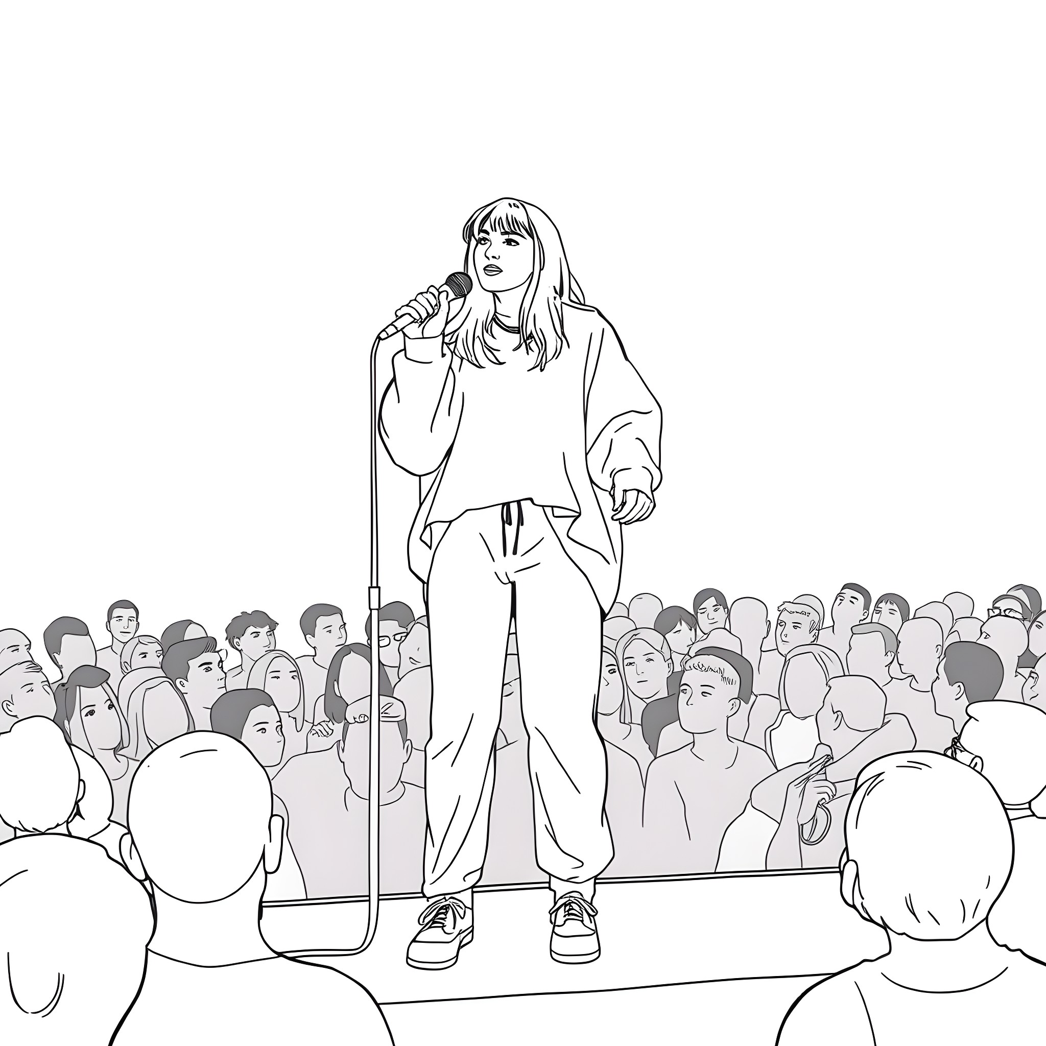 Billie Eilish performing on stage before a crowd Coloring Page (free black-and-white line drawing printable PDF for all, from beginners to advanced learners, including children, teens, adults, and seniors)