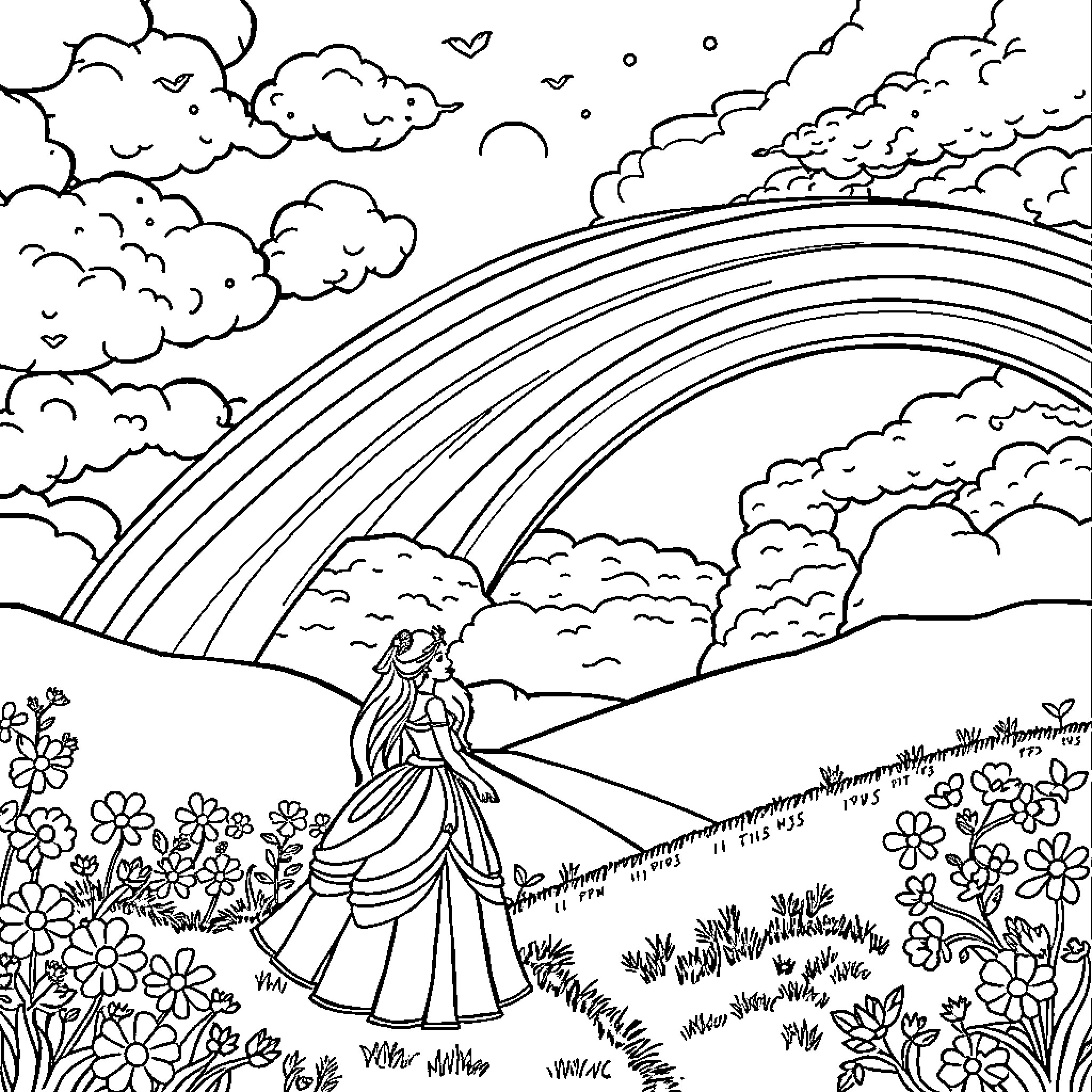 Princess strolling amidst the vibrant floral scenery Coloring Page (free black-and-white line drawing printable PDF for all, from beginners to advanced learners, including children, teens, adults, and seniors)