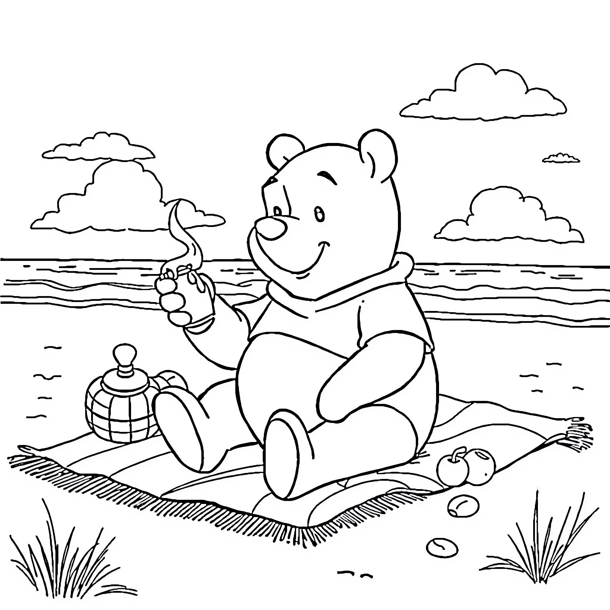Winnie The Pooh relaxing on the beach Coloring Page (free black-and-white line drawing printable PDF for all, from beginners to advanced learners, including children, teens, adults, and seniors)