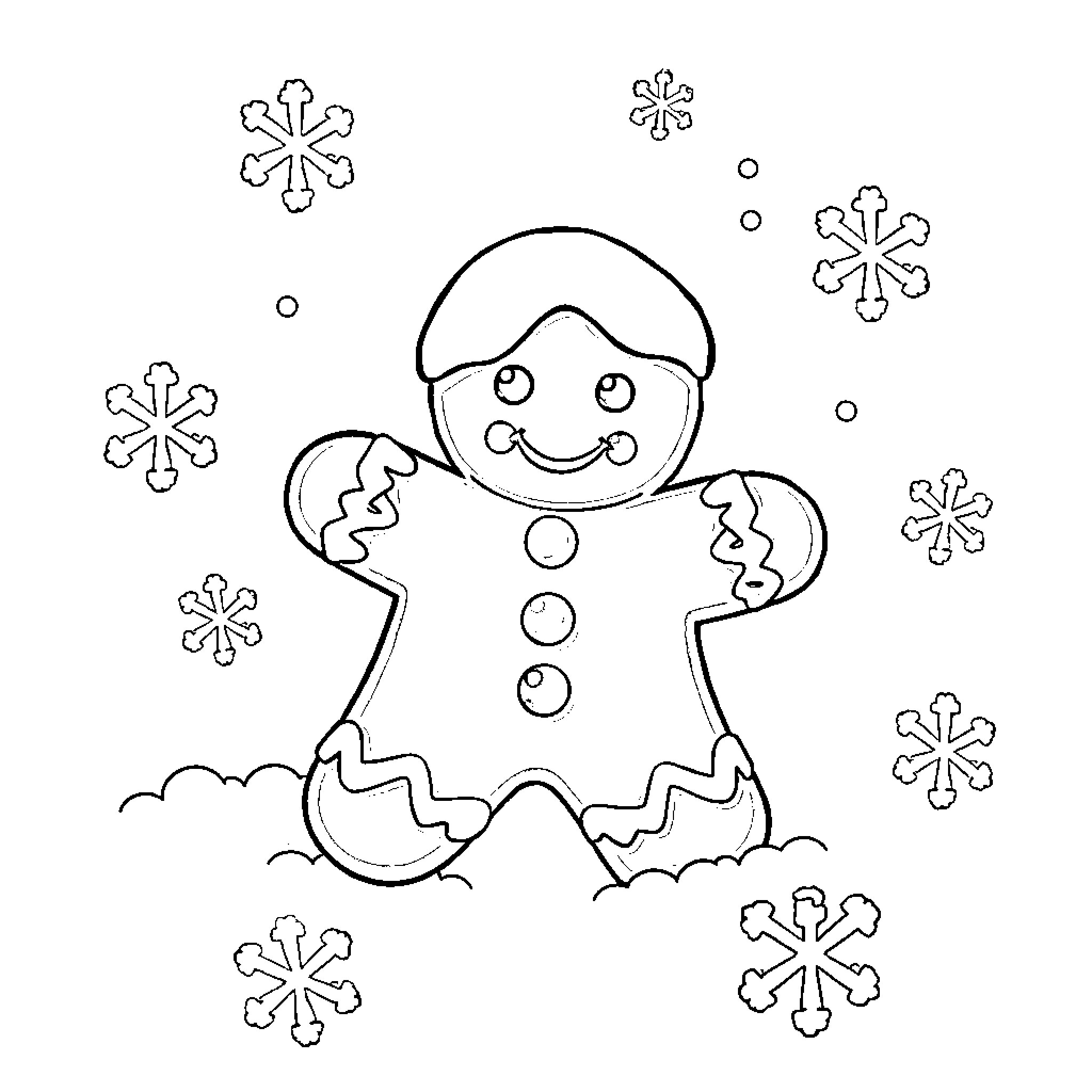 Gingerbread Man playing in the snow Coloring Page (free black-and-white line drawing printable PDF for all, from beginners to advanced learners, including children, teens, adults, and seniors)