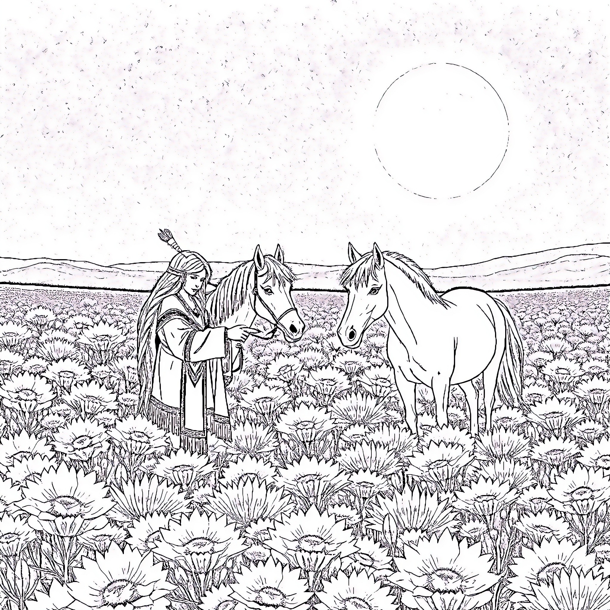 Native American Woman with Horses in the Meadow Coloring Page (free black-and-white line drawing printable PDF for all, from beginners to advanced learners, including children, teens, adults, and seniors)