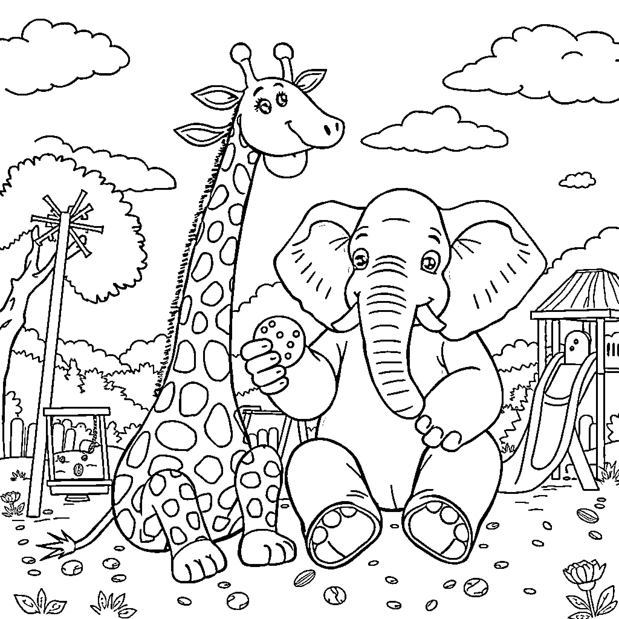 Giraffe and Elephant Enjoying the Zoo Coloring Page (free black-and-white line drawing printable PDF for all, from beginners to advanced learners, including children, teens, adults, and seniors)