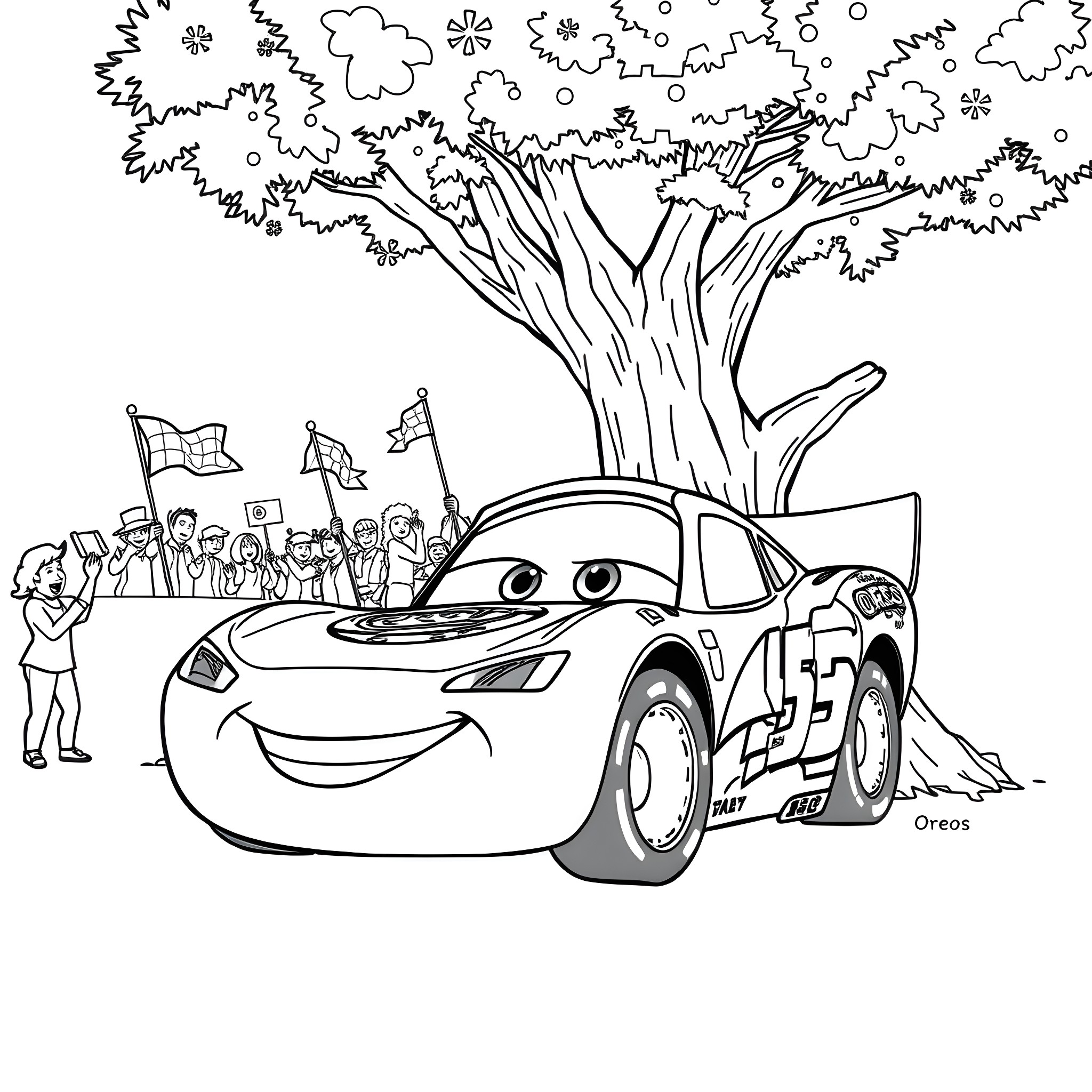 Lightning McQueen celebrating with fans in a racing scene Coloring Page (free black-and-white line drawing printable PDF for all, from beginners to advanced learners, including children, teens, adults, and seniors)