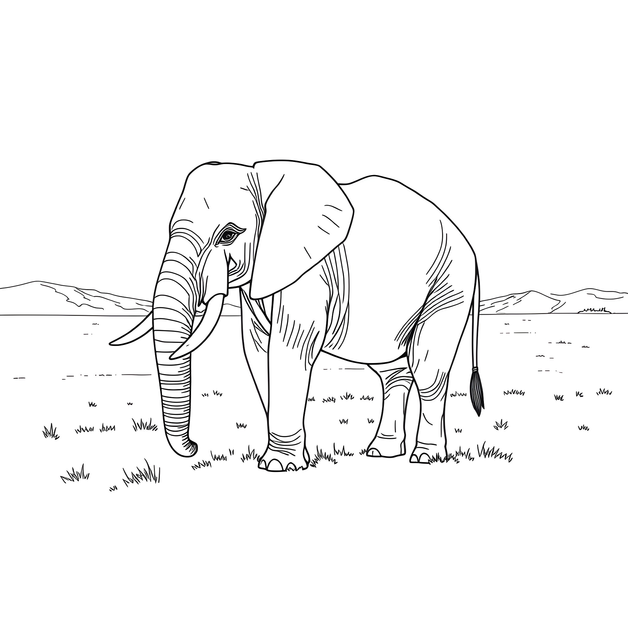 Elephant standing in natural landscape Coloring Page (free black-and-white line drawing printable PDF for all, from beginners to advanced learners, including children, teens, adults, and seniors)