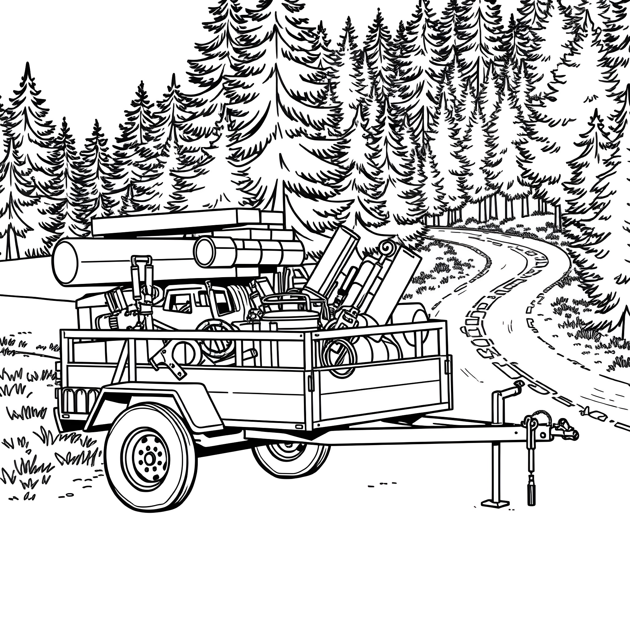 Utility Trailer Loaded with Forestry Equipment Coloring Page (free black-and-white line drawing printable PDF for all, from beginners to advanced learners, including children, teens, adults, and seniors)