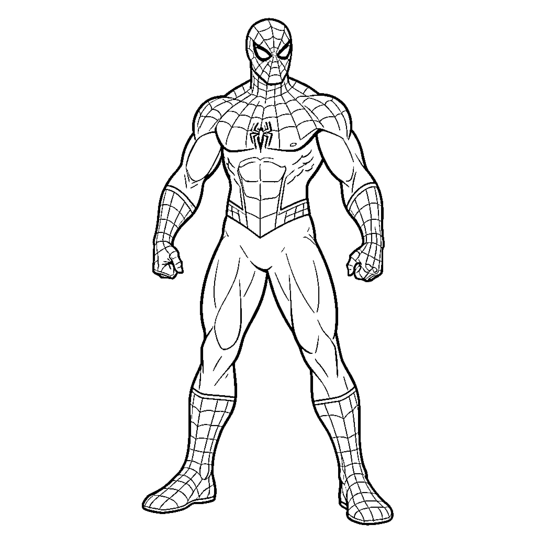 Spiderman standing in a powerful superhero pose Coloring Page (free black-and-white line drawing printable PDF for all, from beginners to advanced learners, including children, teens, adults, and seniors)