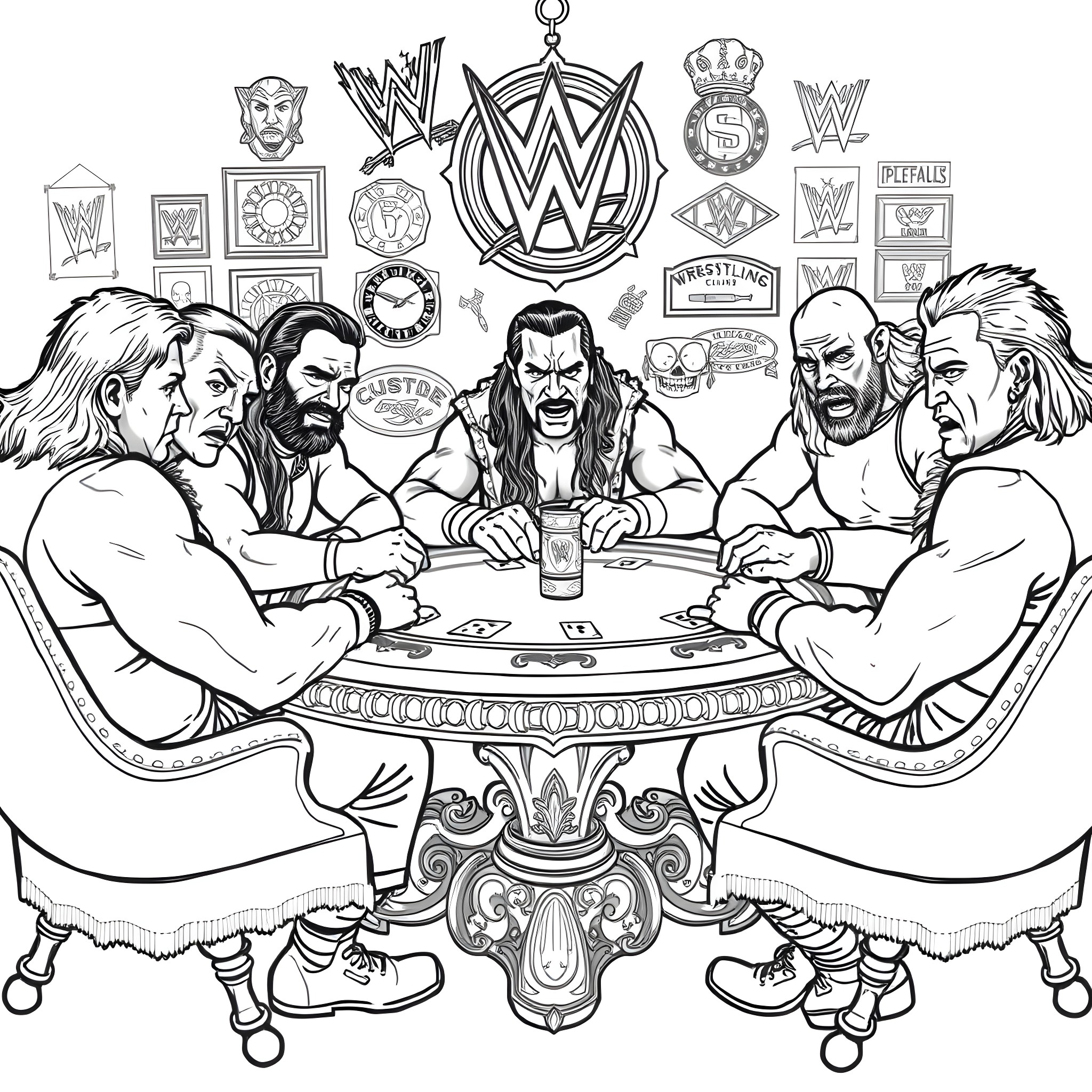 Wrestler's intense match and discussion around a table Coloring Page (free black-and-white line drawing printable PDF for all, from beginners to advanced learners, including children, teens, adults, and seniors)