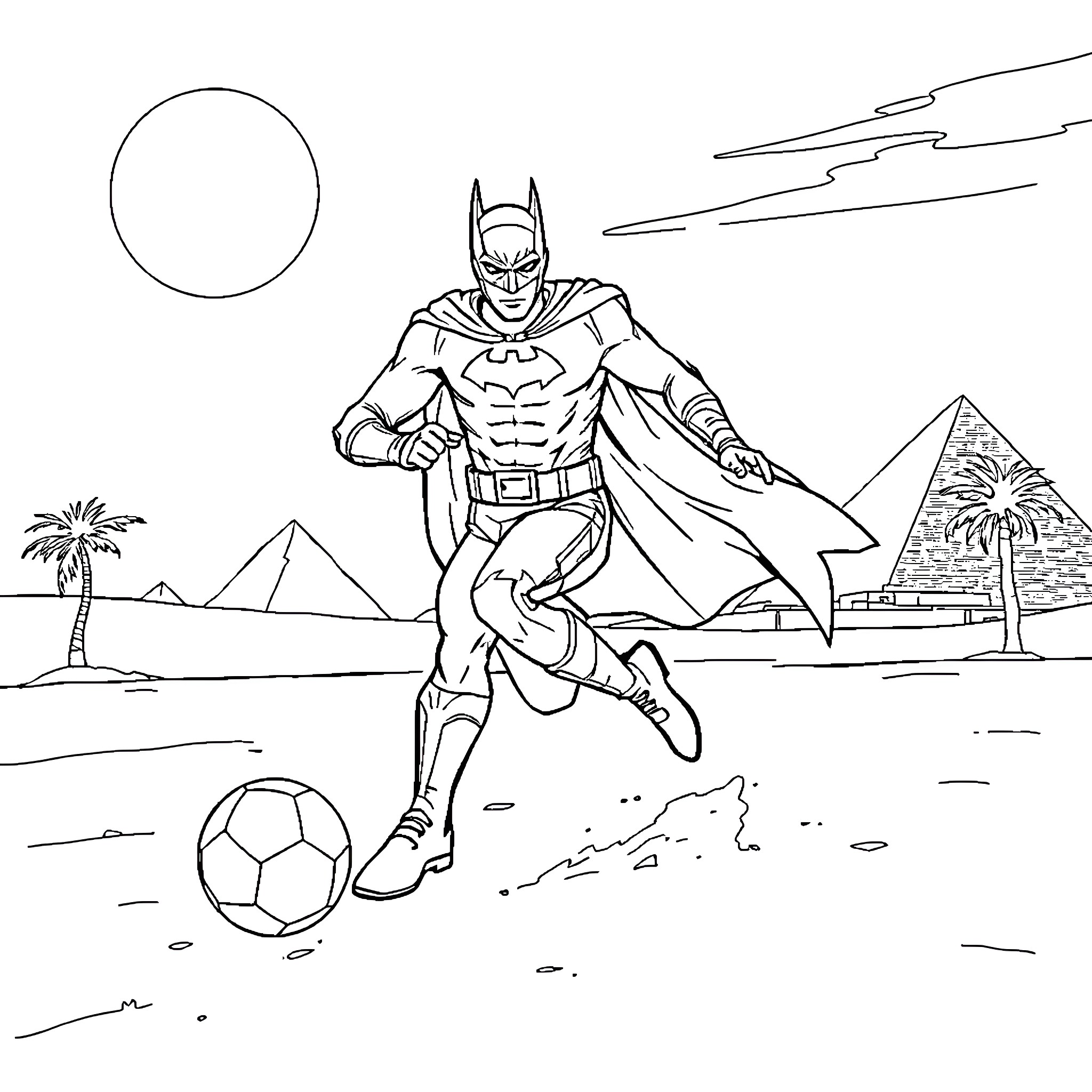 Batman on a desert adventure with a soccer ball Coloring Page (free black-and-white line drawing printable PDF for all, from beginners to advanced learners, including children, teens, adults, and seniors)